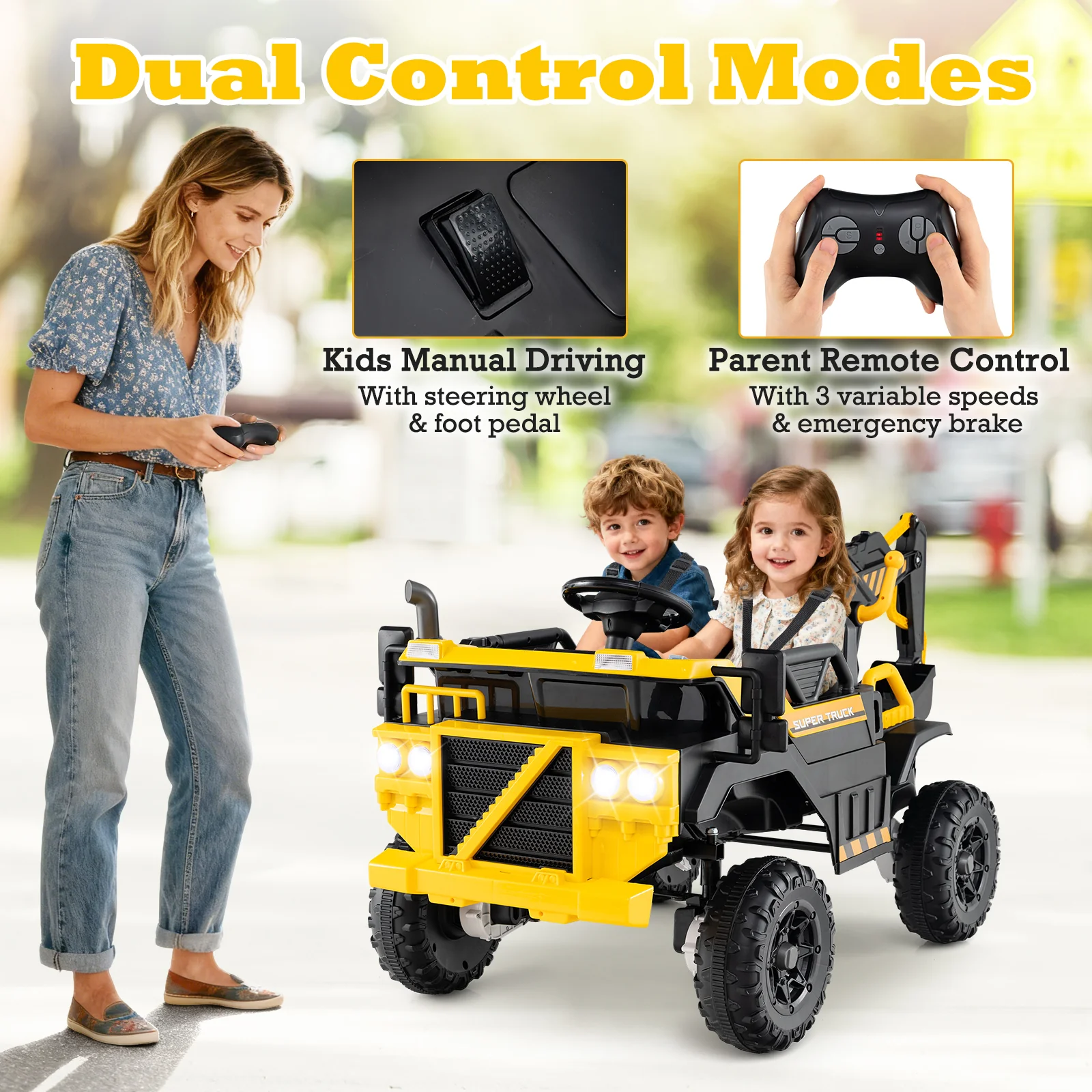 24V Ride On Excavator 4WD 2-Seater with Remote Control and Digging Arm-Yellow - Image 5