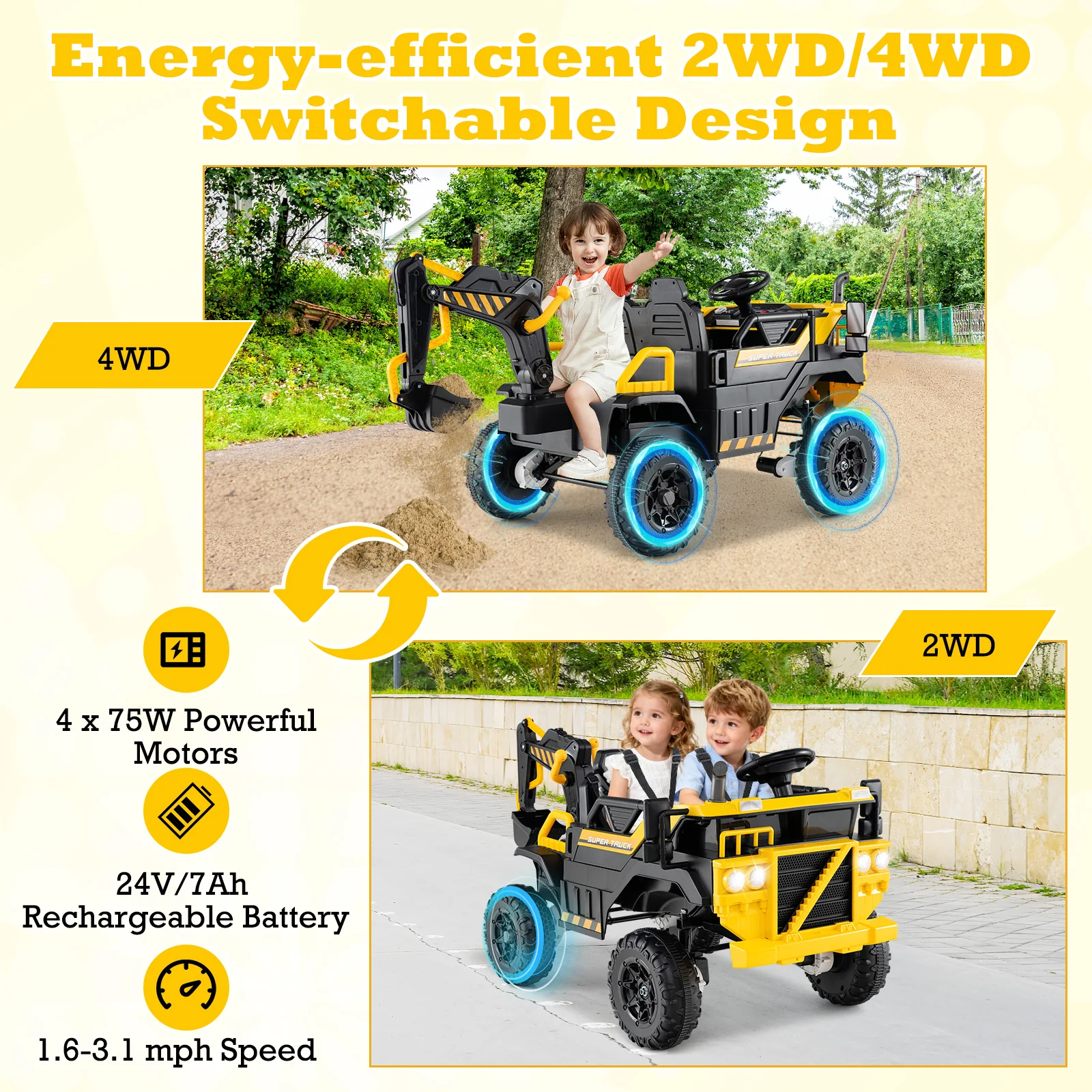 24V Ride On Excavator 4WD 2-Seater with Remote Control and Digging Arm-Yellow - Image 6