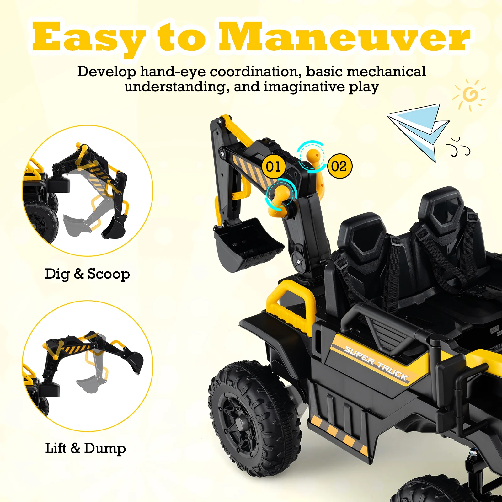 24V Ride On Excavator 4WD 2-Seater with Remote Control and Digging Arm-Yellow - Image 7