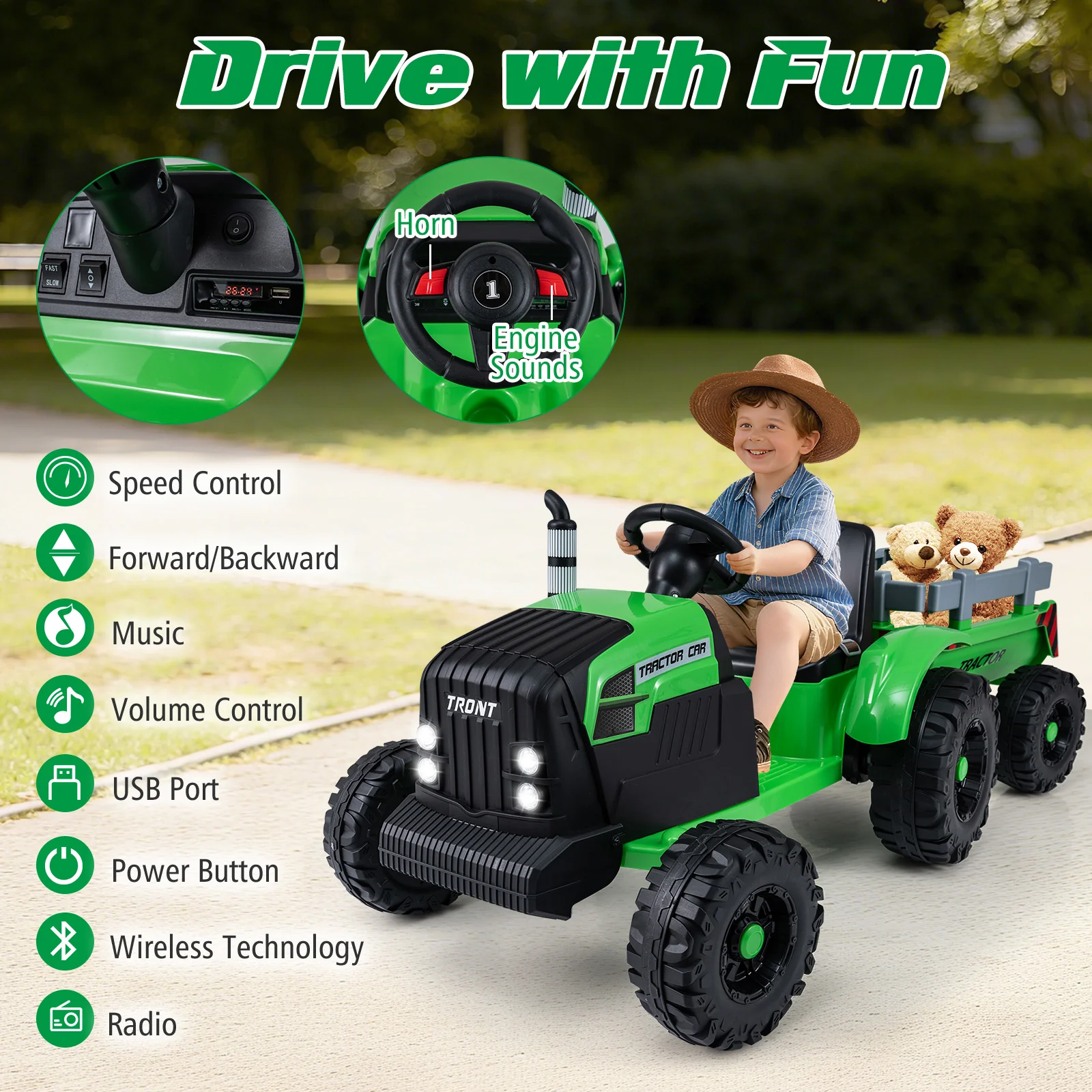 24V Ride On Tractor for Kids Electric Vehicle with Detachable Trailer and Remote Control - Image 8