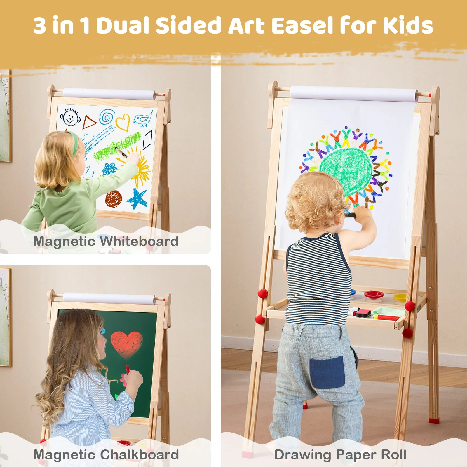 3-in-1 Double-Sided Folding Wooden Kids Art Easel with Paper Roll - Image 7