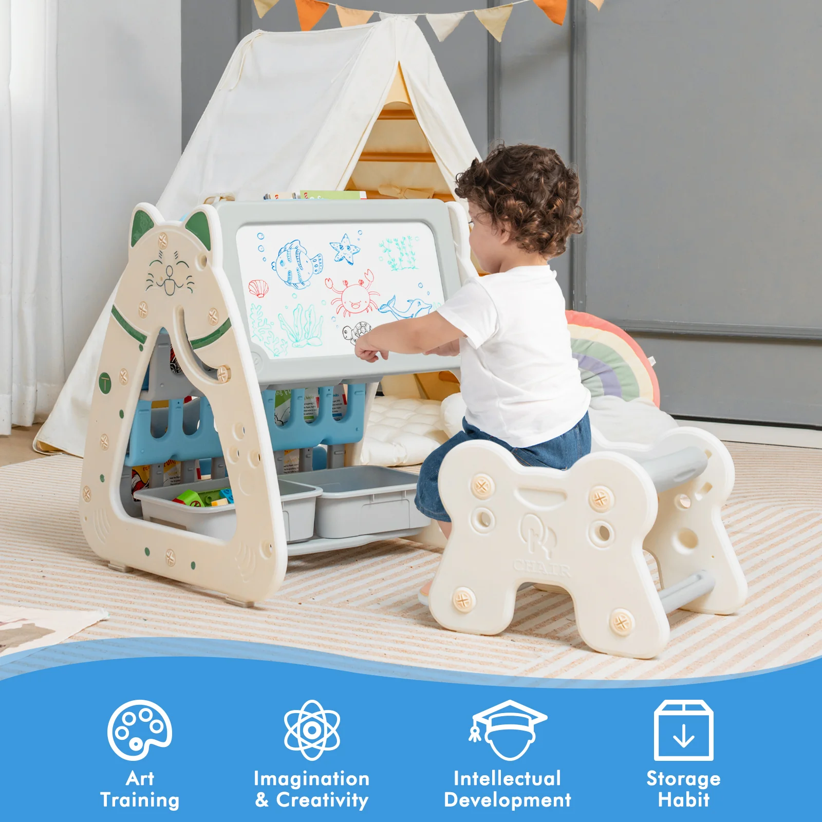 3-In-1 Double Sided Magnetic Dry-Erase Board with Stool and Flipped Writing Desktop - Image 15