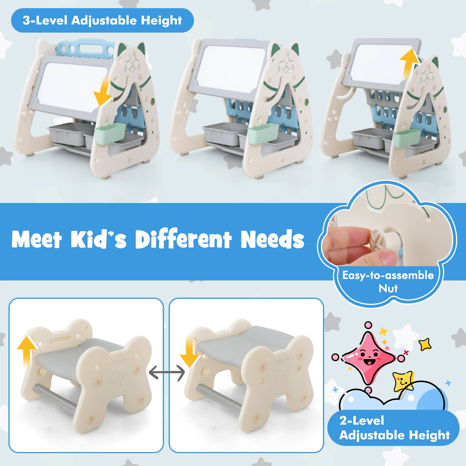 3-In-1 Double Sided Magnetic Dry-Erase Board with Stool and Flipped Writing Desktop - Image 16