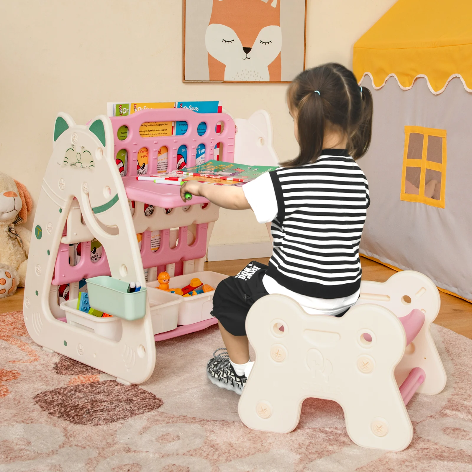 3-In-1 Double Sided Magnetic Dry-Erase Board with Stool and Flipped Writing Desktop - Image 17