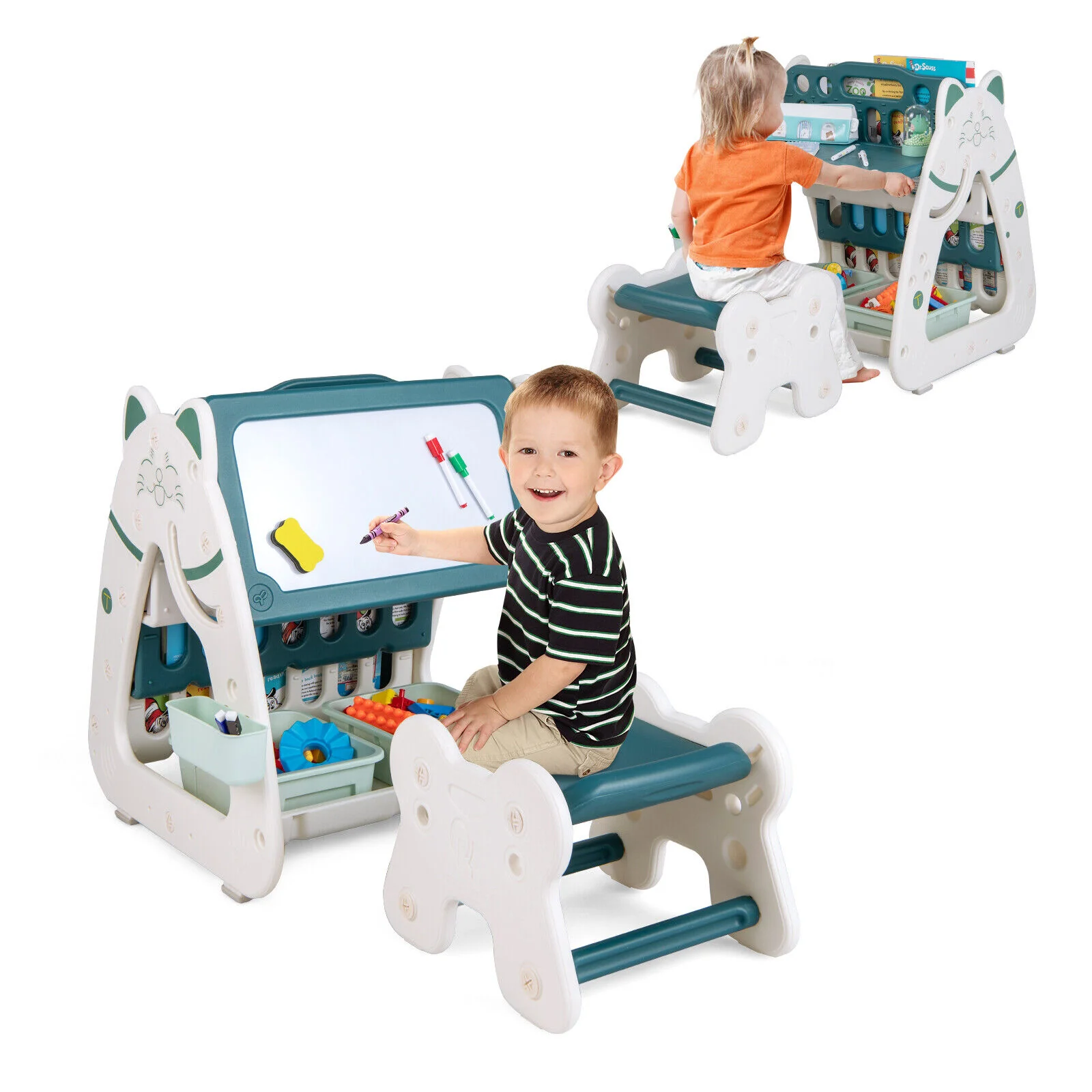 3-In-1 Double Sided Magnetic Dry-Erase Board with Stool and Flipped Writing Desktop - Image 3
