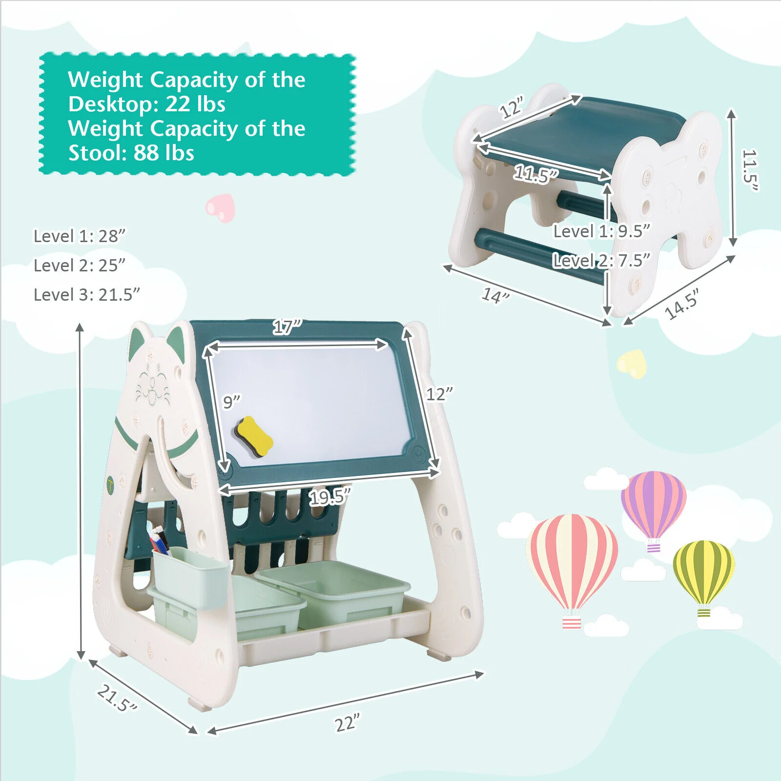 3-In-1 Double Sided Magnetic Dry-Erase Board with Stool and Flipped Writing Desktop - Image 4