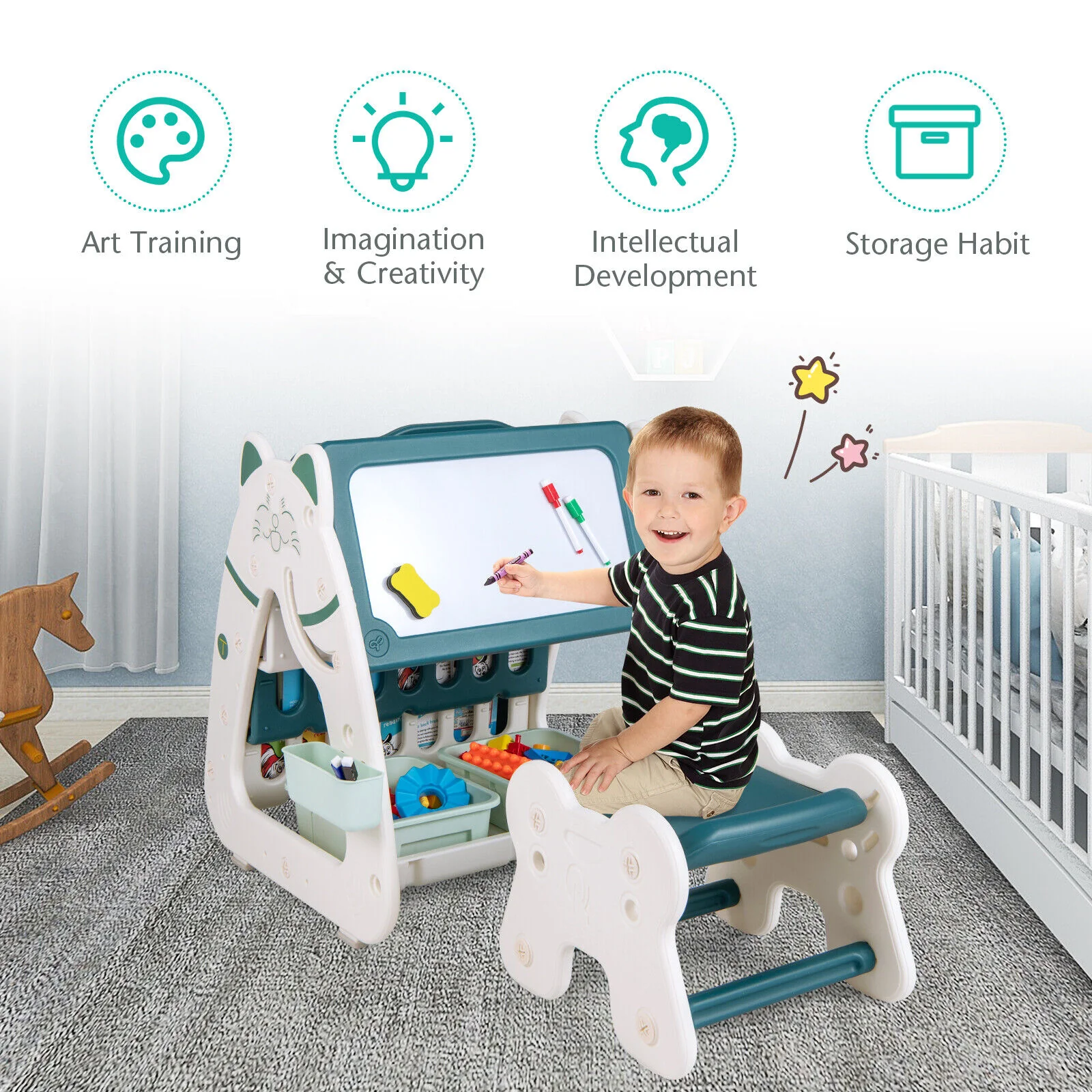 3-In-1 Double Sided Magnetic Dry-Erase Board with Stool and Flipped Writing Desktop - Image 5
