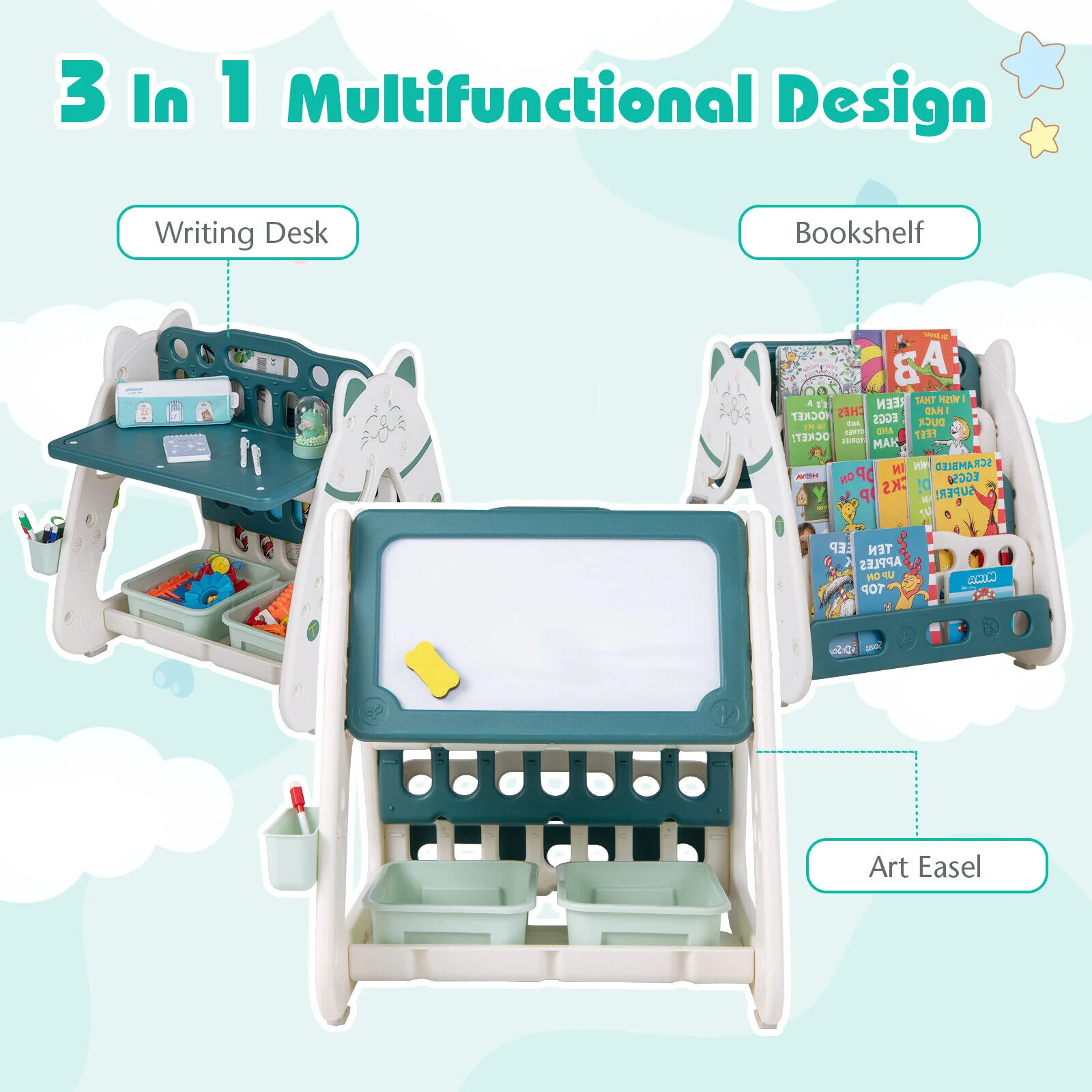 3-In-1 Double Sided Magnetic Dry-Erase Board with Stool and Flipped Writing Desktop - Image 6