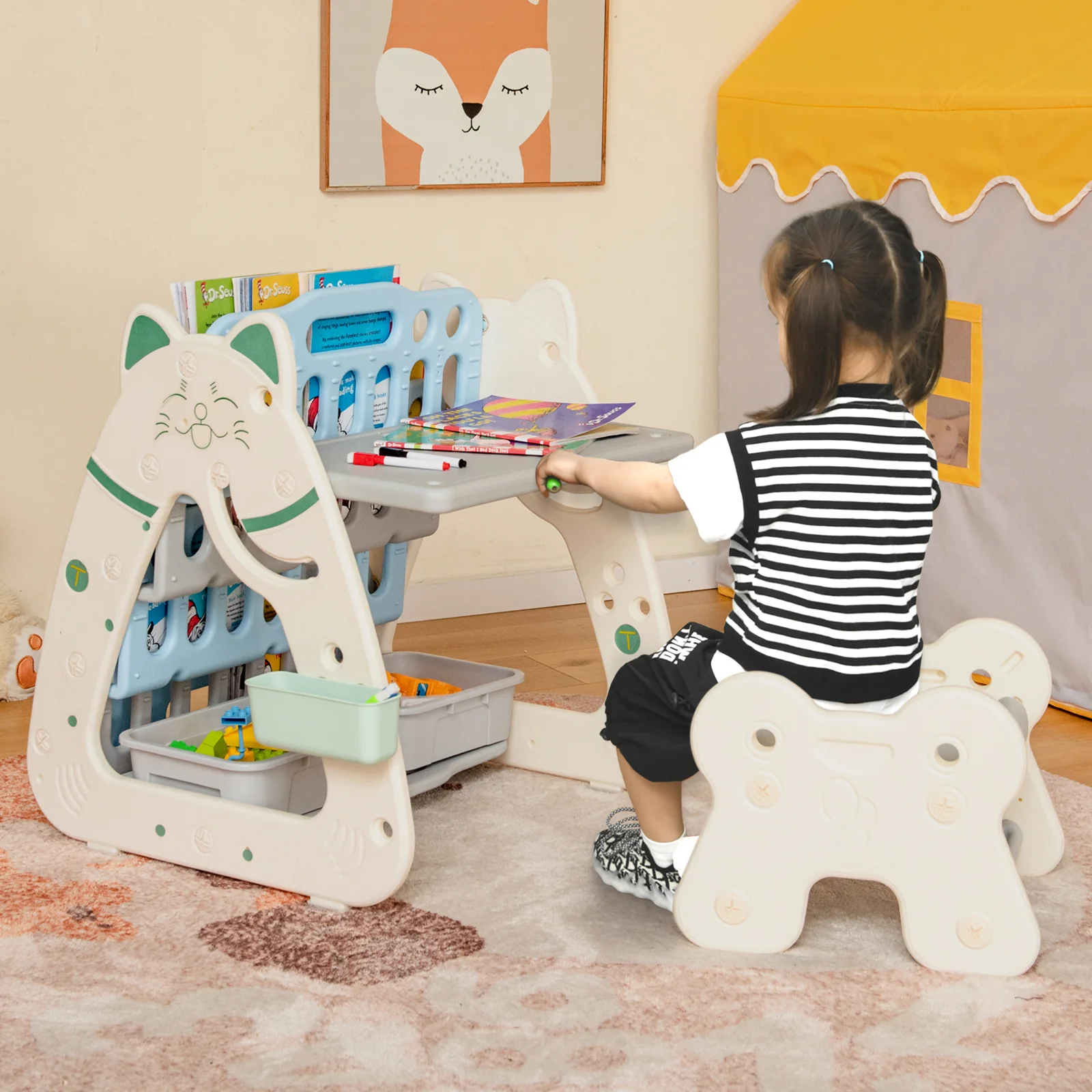 3-In-1 Double Sided Magnetic Dry-Erase Board with Stool and Flipped Writing Desktop - Image 9