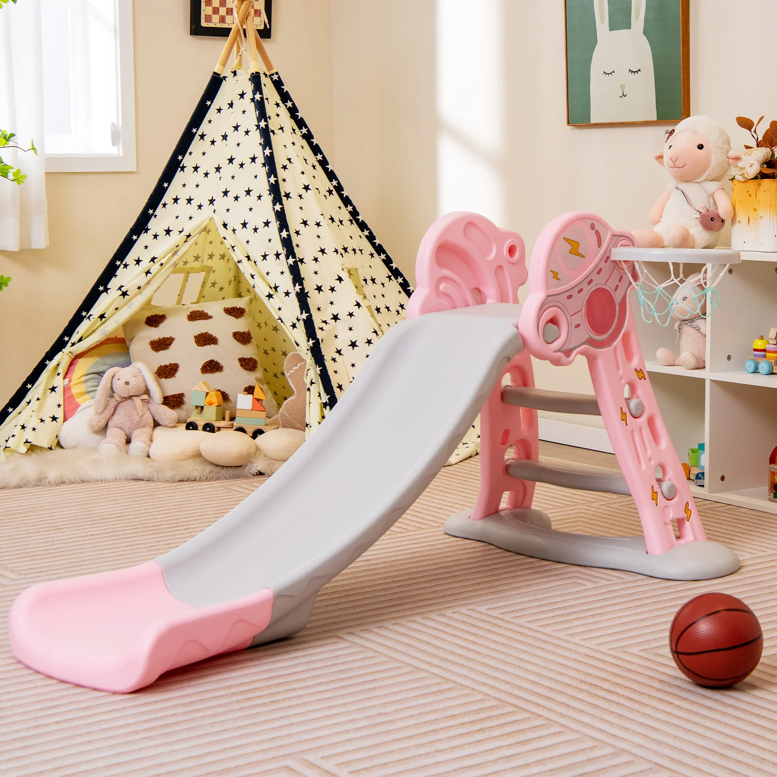 3-in-1 Folding Slide Playset with Basketball Hoop and Small Basketball - Image 10