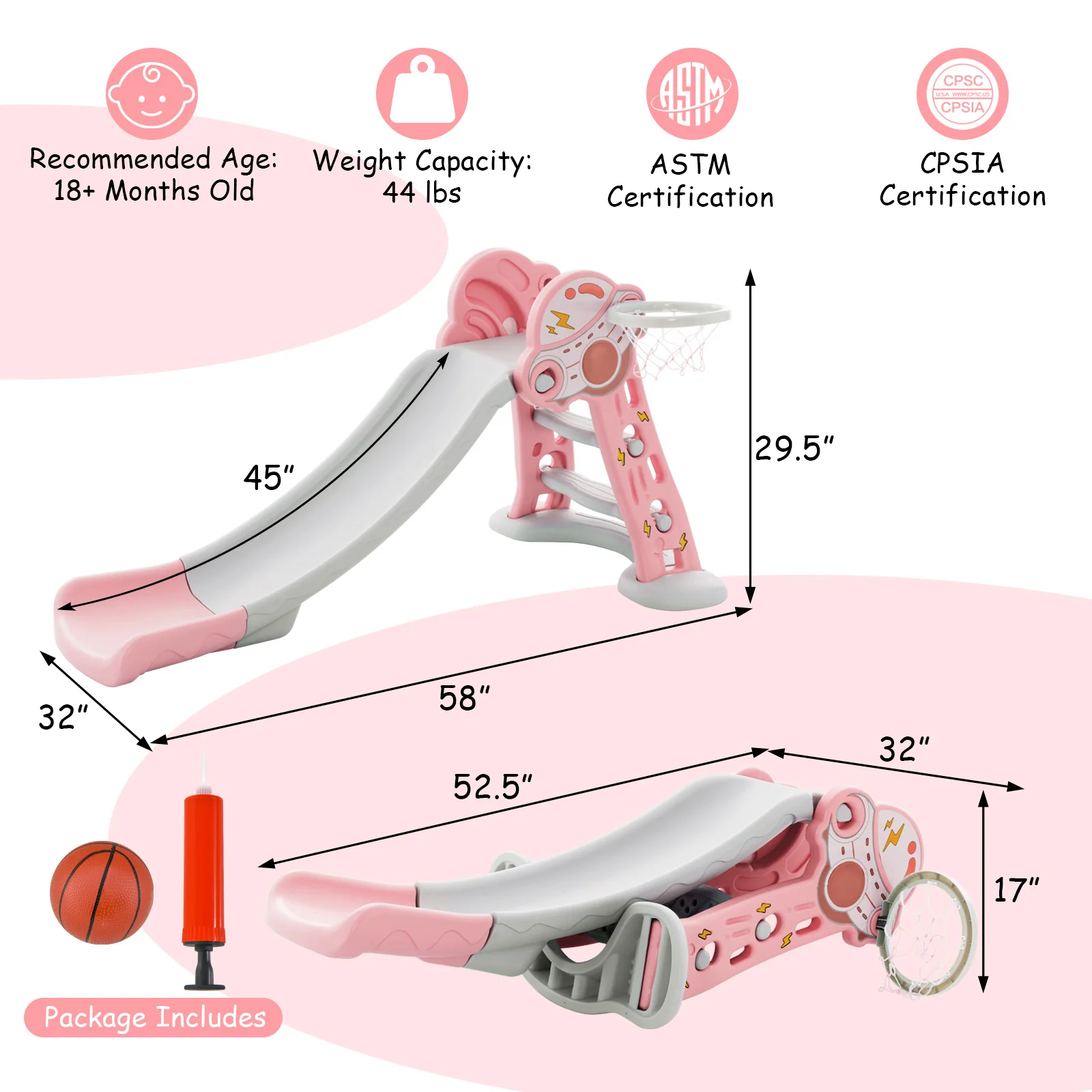 3-in-1 Folding Slide Playset with Basketball Hoop and Small Basketball - Image 12