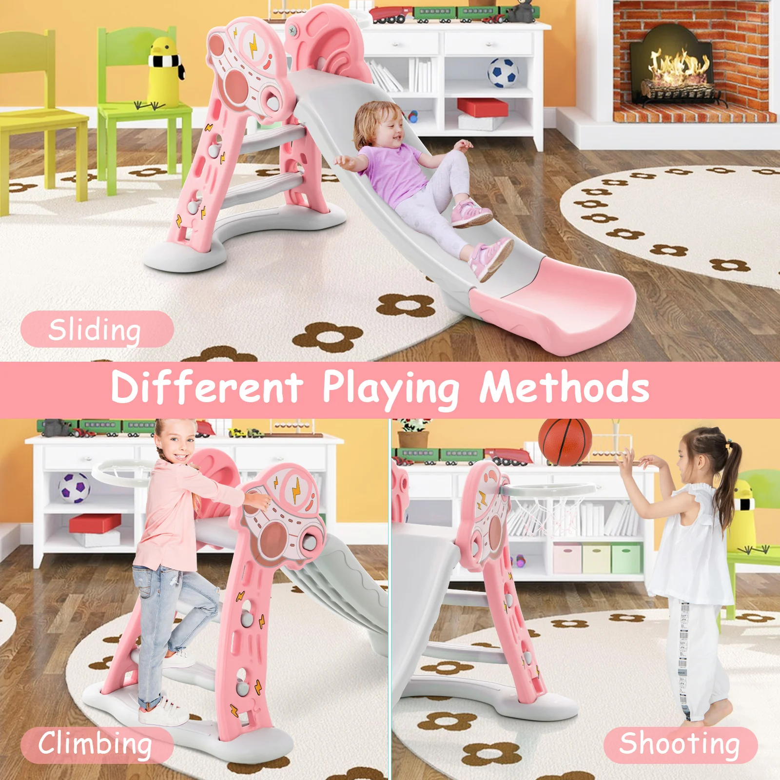 3-in-1 Folding Slide Playset with Basketball Hoop and Small Basketball - Image 13