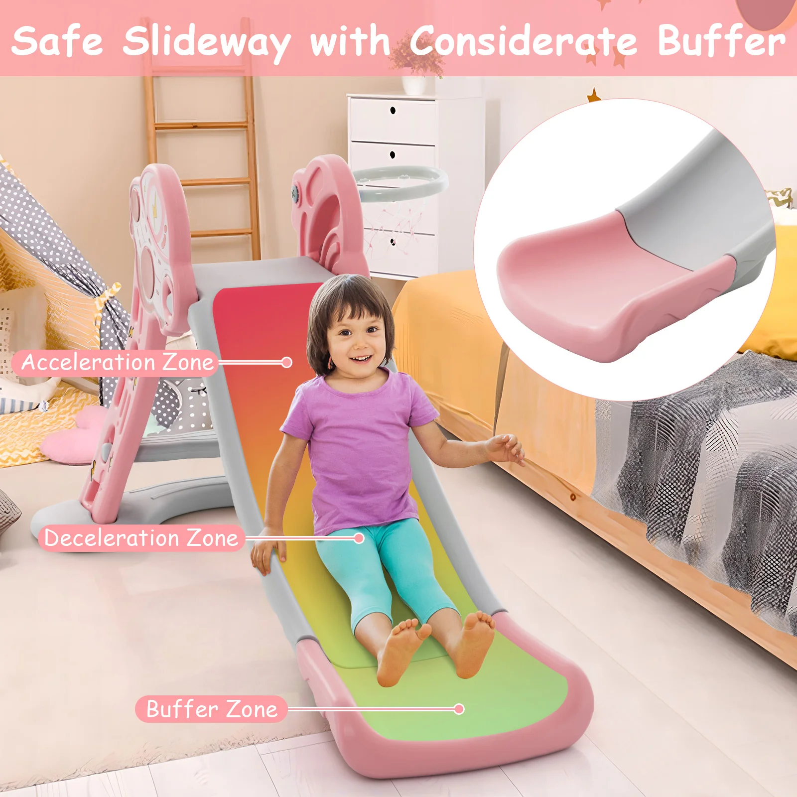 3-in-1 Folding Slide Playset with Basketball Hoop and Small Basketball - Image 14