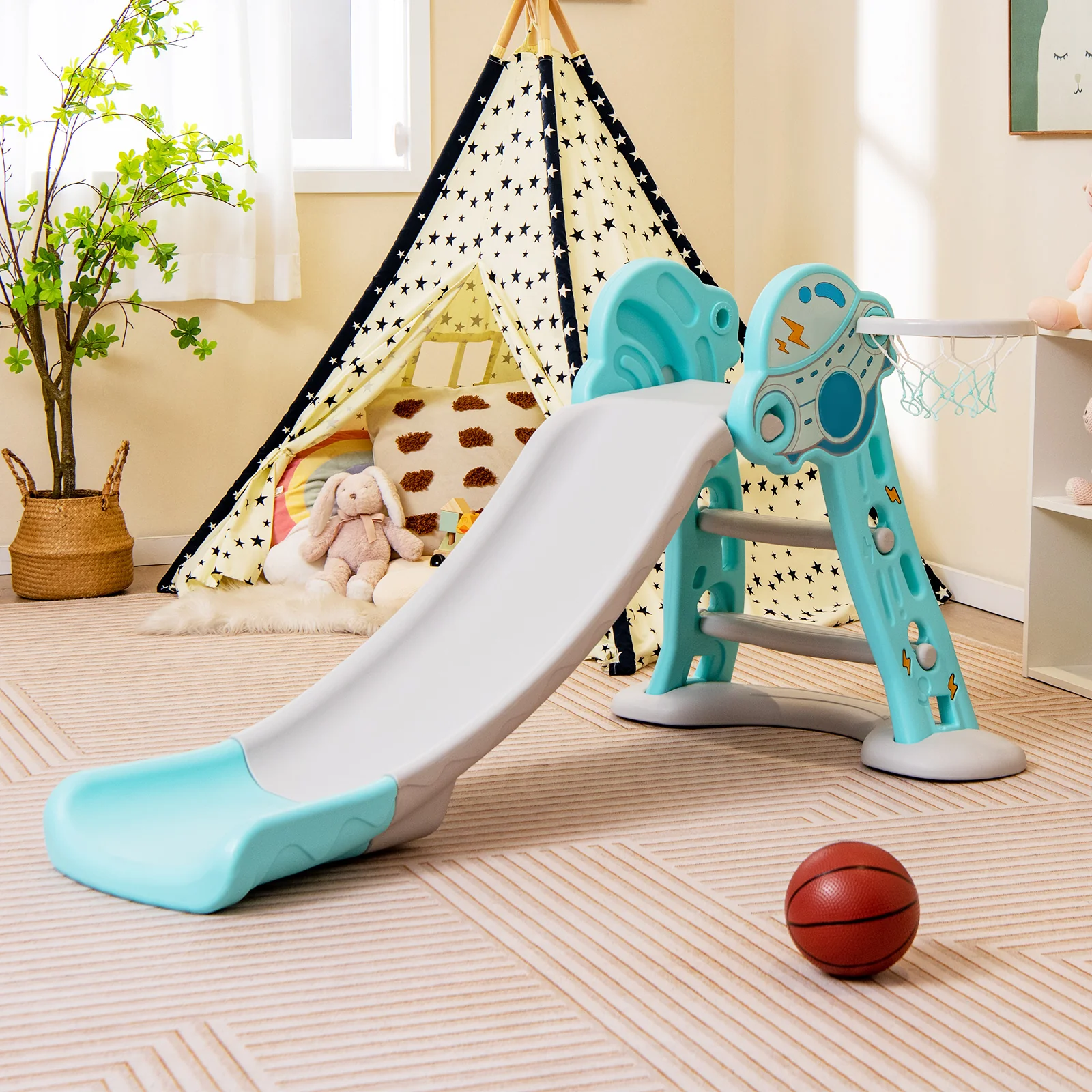 3-in-1 Folding Slide Playset with Basketball Hoop and Small Basketball - Image 2