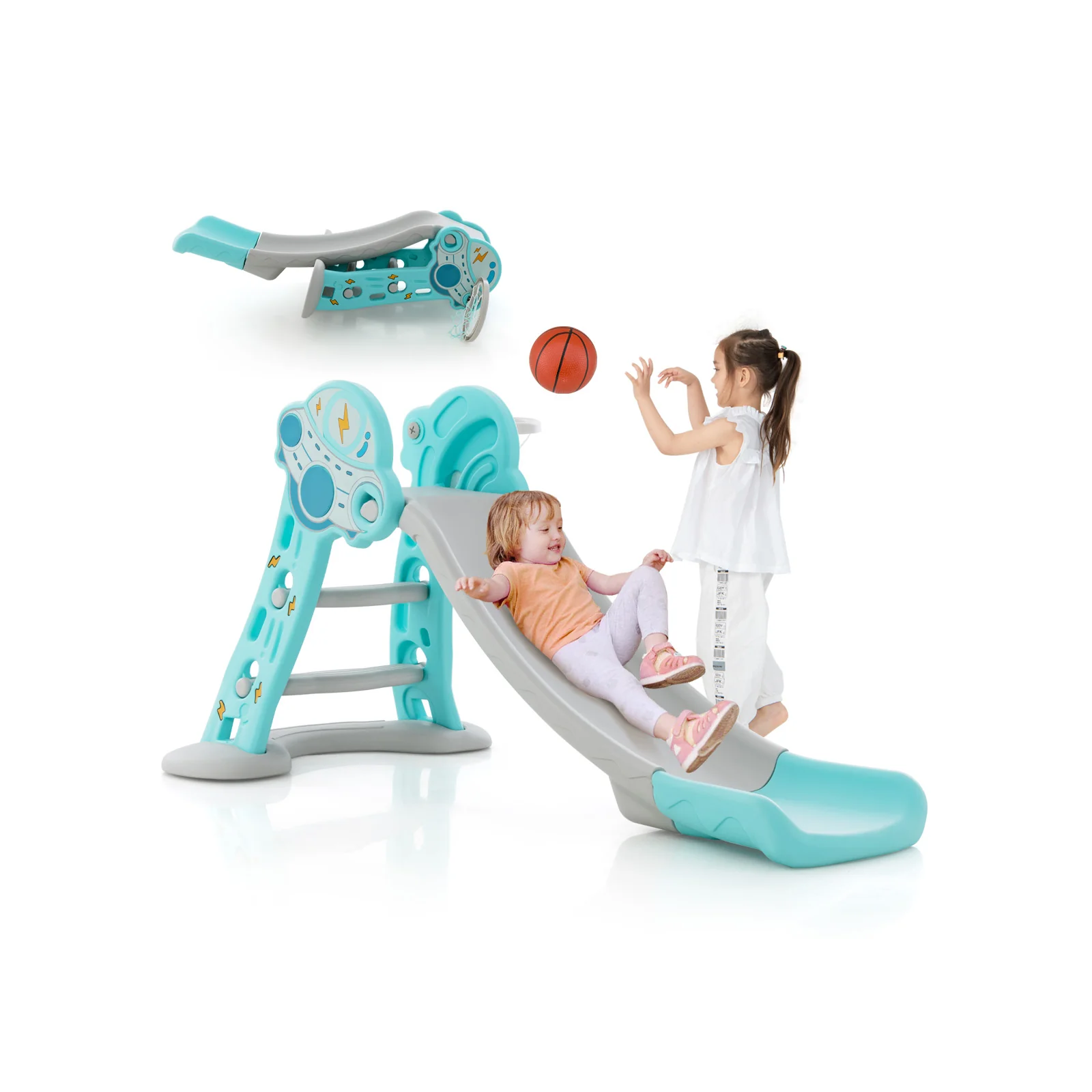 3-in-1 Folding Slide Playset with Basketball Hoop and Small Basketball - Image 3