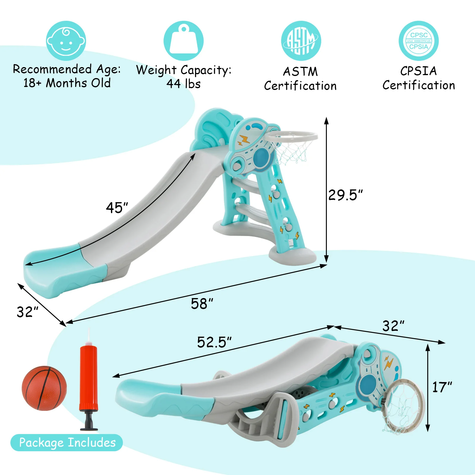 3-in-1 Folding Slide Playset with Basketball Hoop and Small Basketball - Image 4