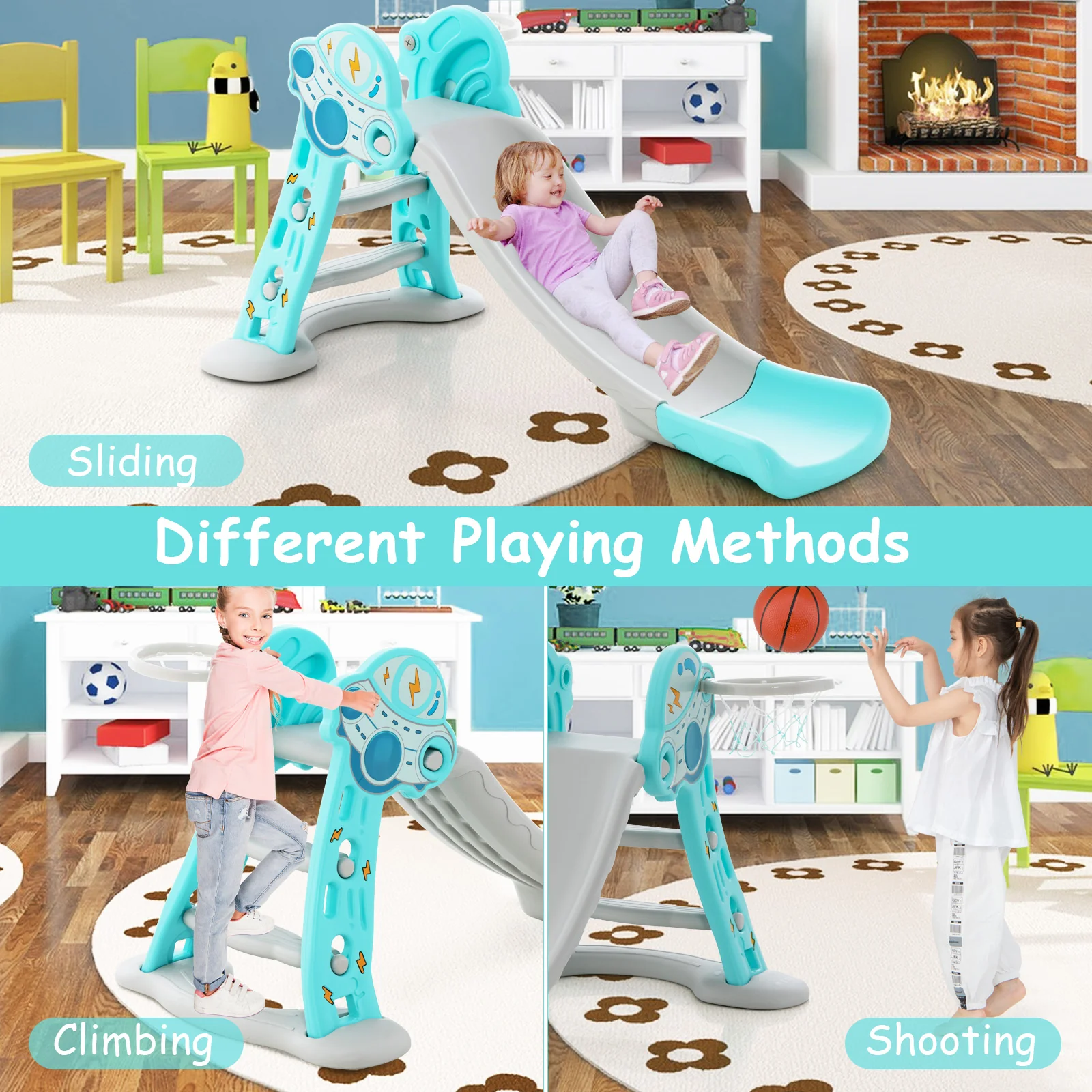 3-in-1 Folding Slide Playset with Basketball Hoop and Small Basketball - Image 5