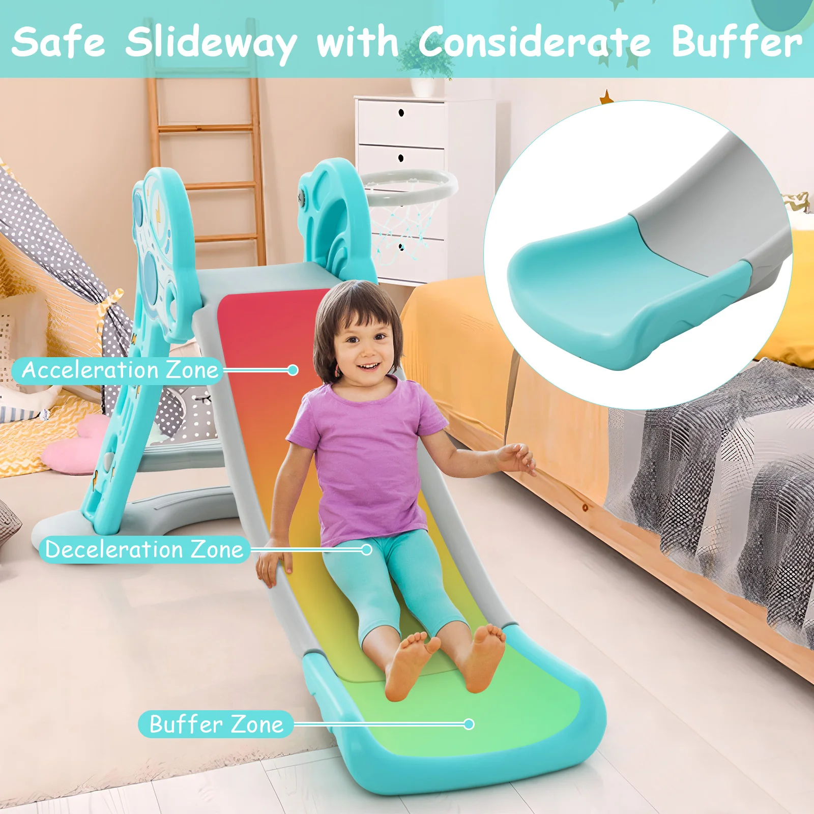 3-in-1 Folding Slide Playset with Basketball Hoop and Small Basketball - Image 6