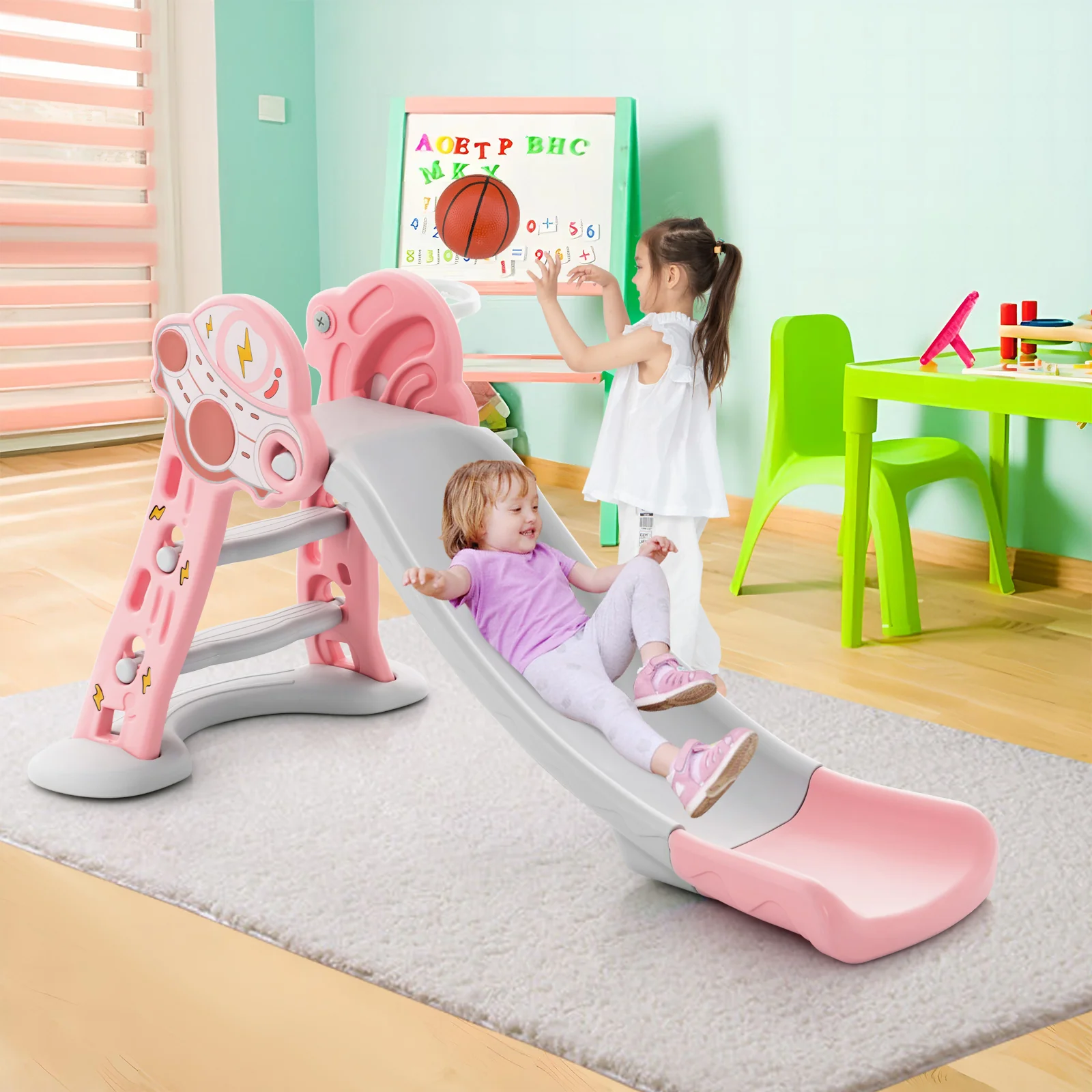 3-in-1 Folding Slide Playset with Basketball Hoop and Small Basketball - Image 9