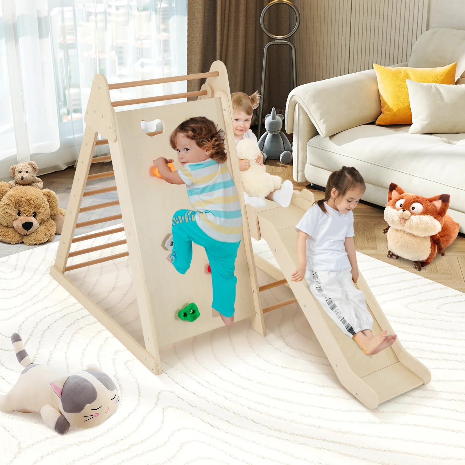 3-In 1 Jungle Gym Indoor Playground with Extended Slide for Toddlers-Natural - Image 2