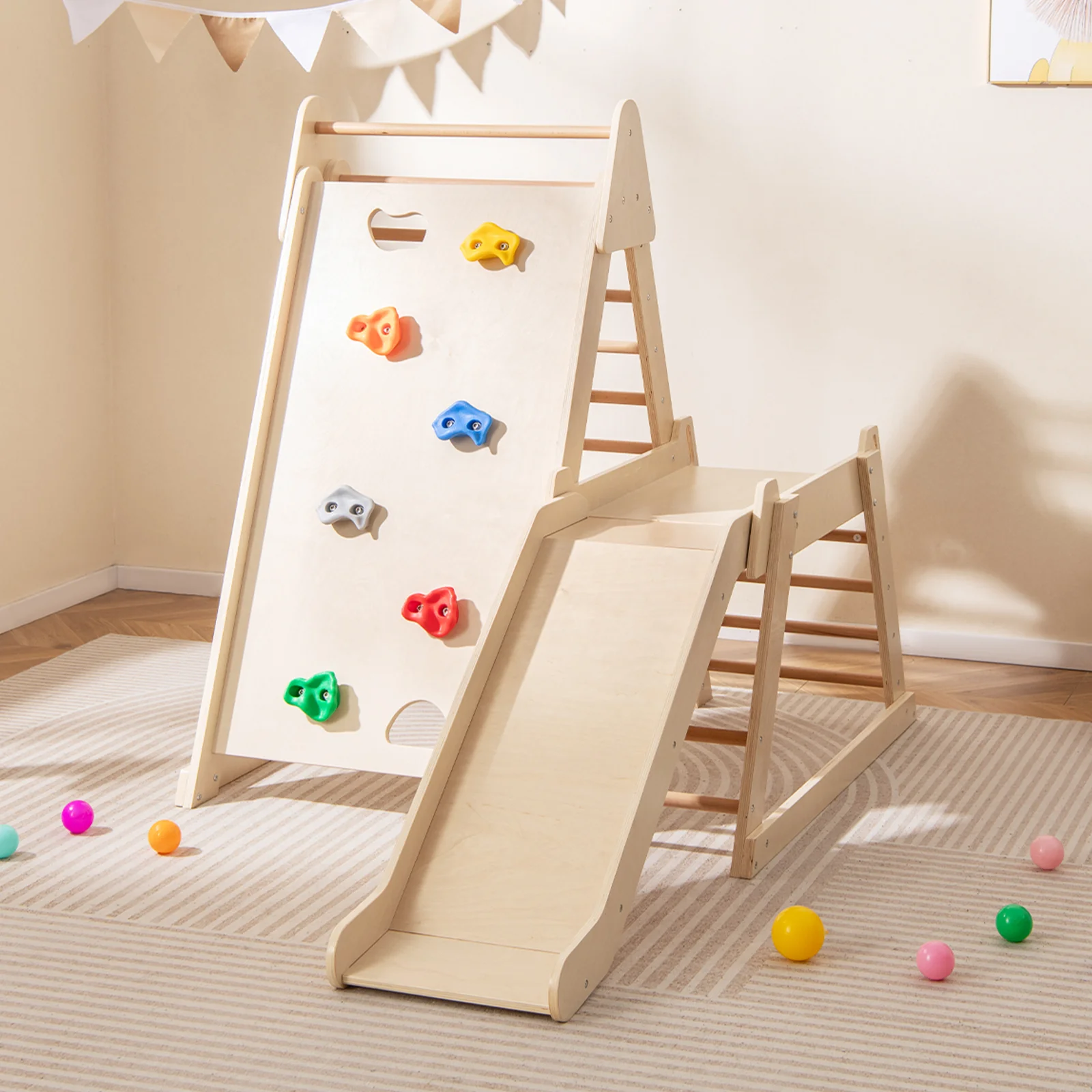 3-In 1 Jungle Gym Indoor Playground with Extended Slide for Toddlers-Natural - Image 7