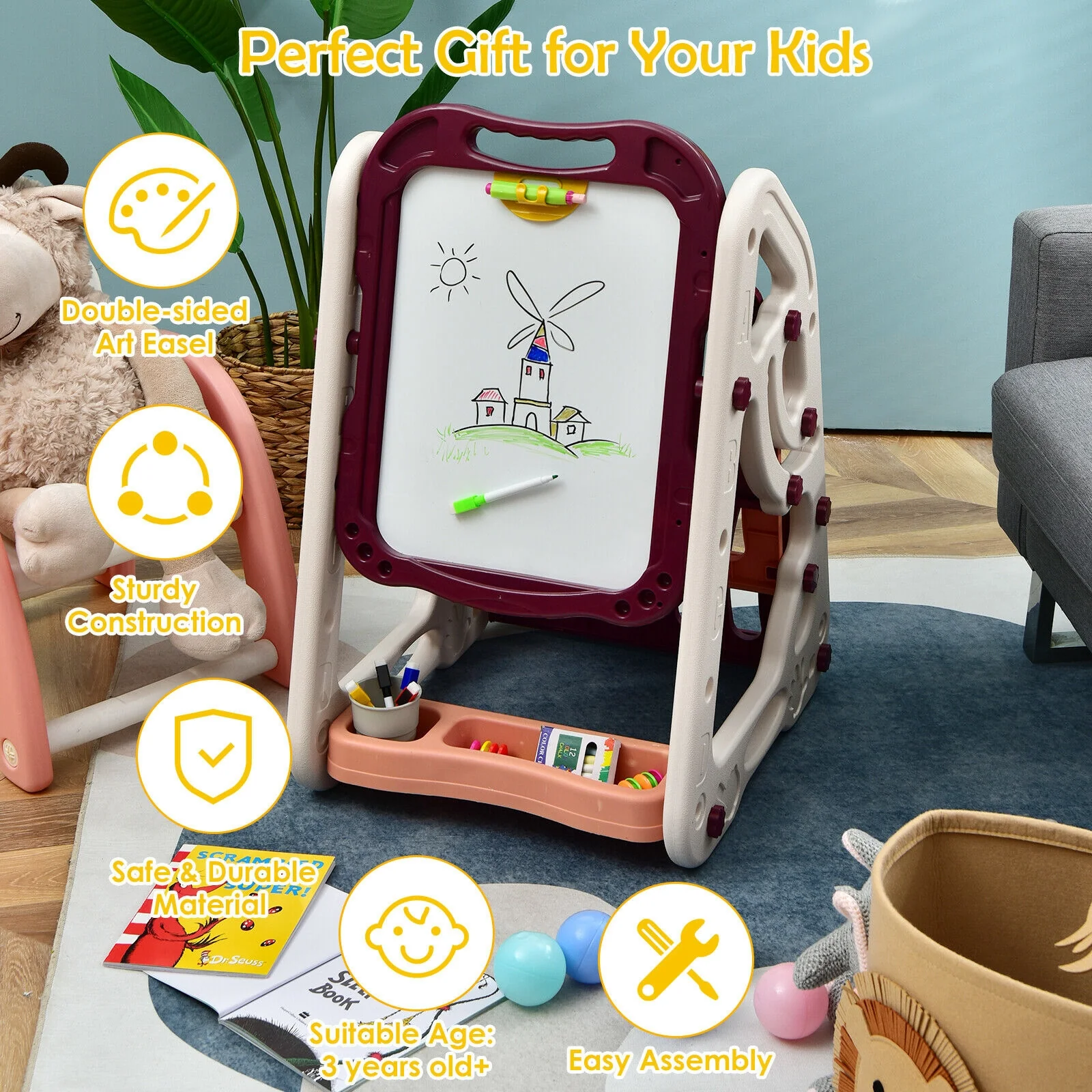 3-in-1 Kids Art Easel Double-Sided Tabletop Easel with Art Accessories - Image 13