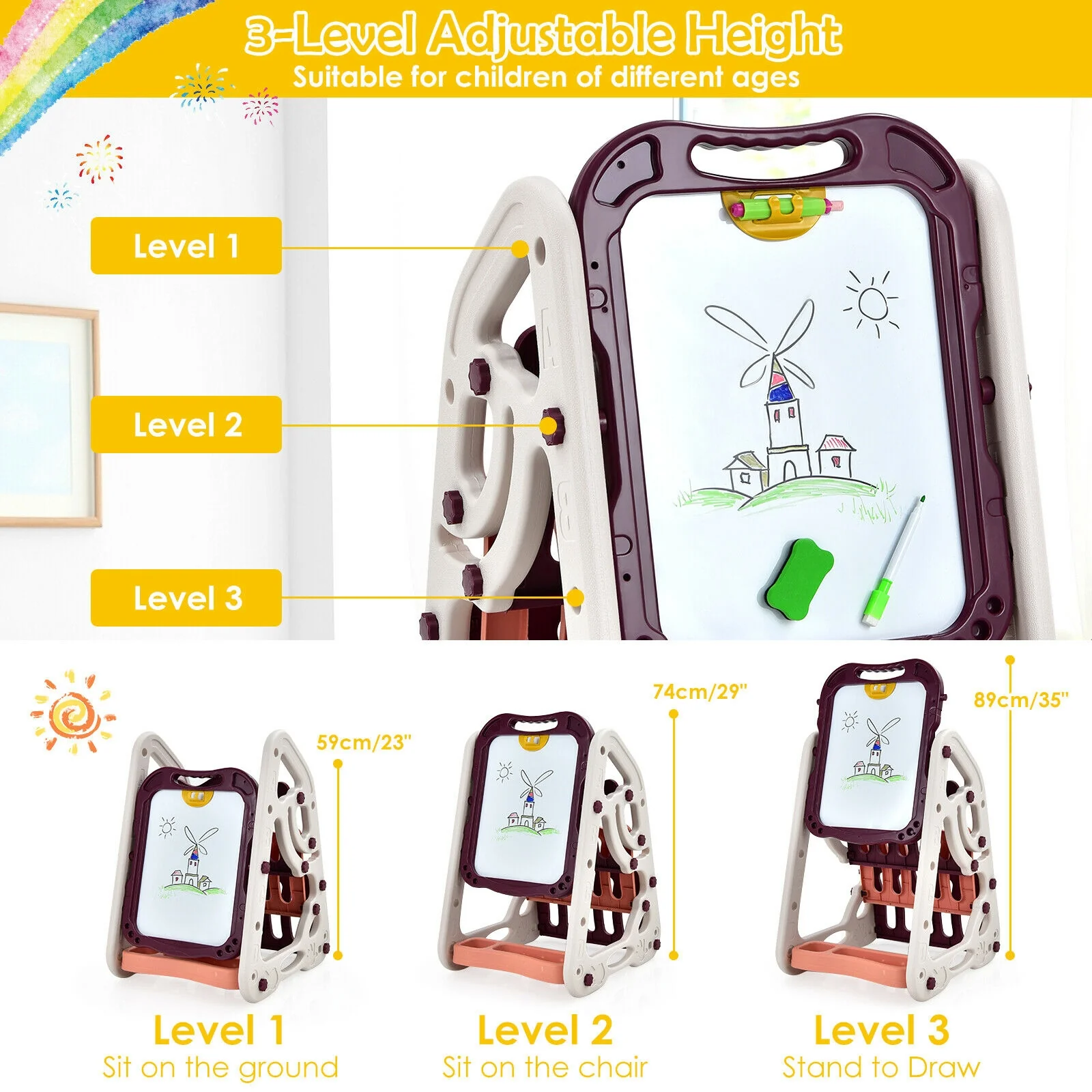 3-in-1 Kids Art Easel Double-Sided Tabletop Easel with Art Accessories - Image 15