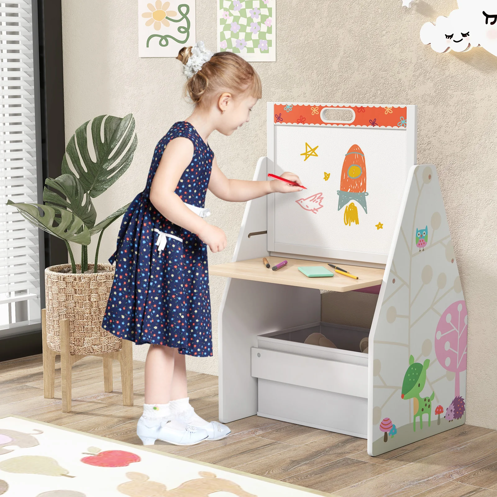 3 in 1 Kids Easel and Play Station Convertible with Chair and Storage Bins - Image 10