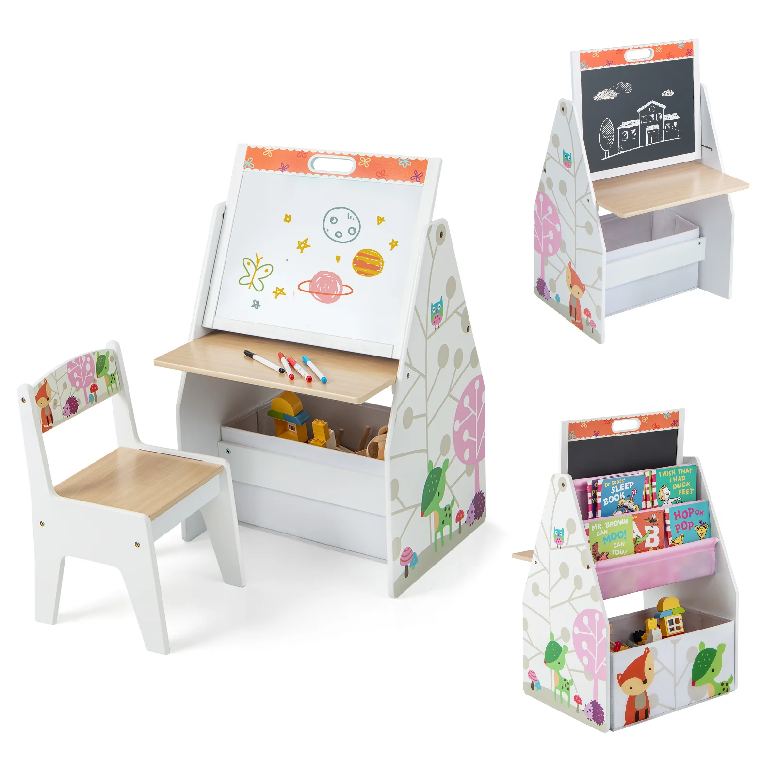 3 in 1 Kids Easel and Play Station Convertible with Chair and Storage Bins - Image 12