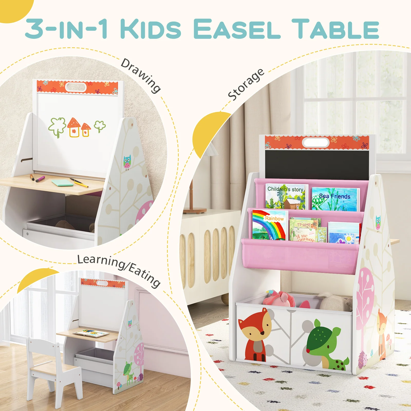 3 in 1 Kids Easel and Play Station Convertible with Chair and Storage Bins - Image 14