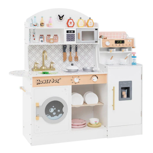 3-IN-1 Kids Furniture: Kids Table Chairs Set + Bookshelf + White Play Kitchen Sets - Image 5
