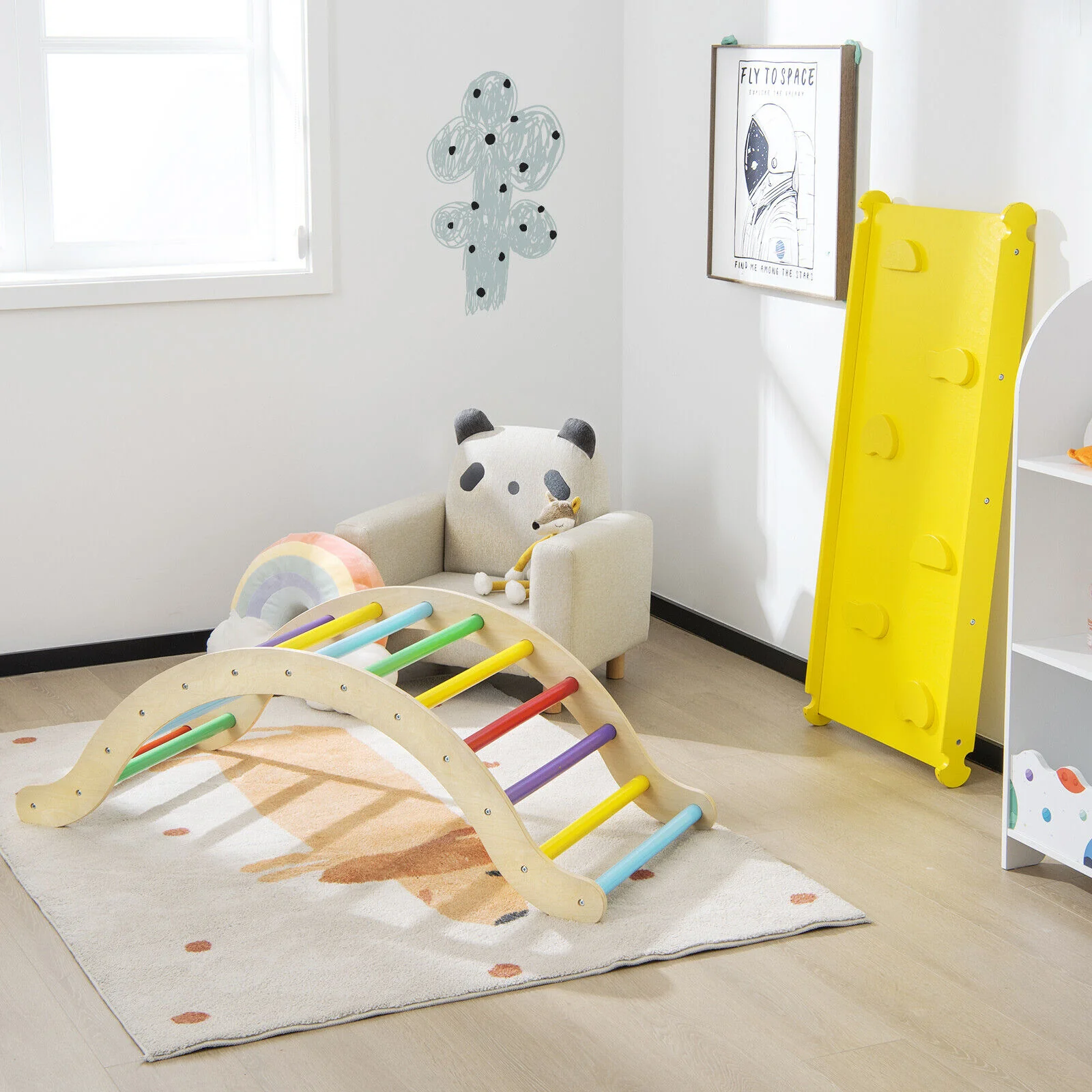 3-in-1 Kids Wooden Arch Triangle Rocker Climber Set with Ramp and Mat - Image 10