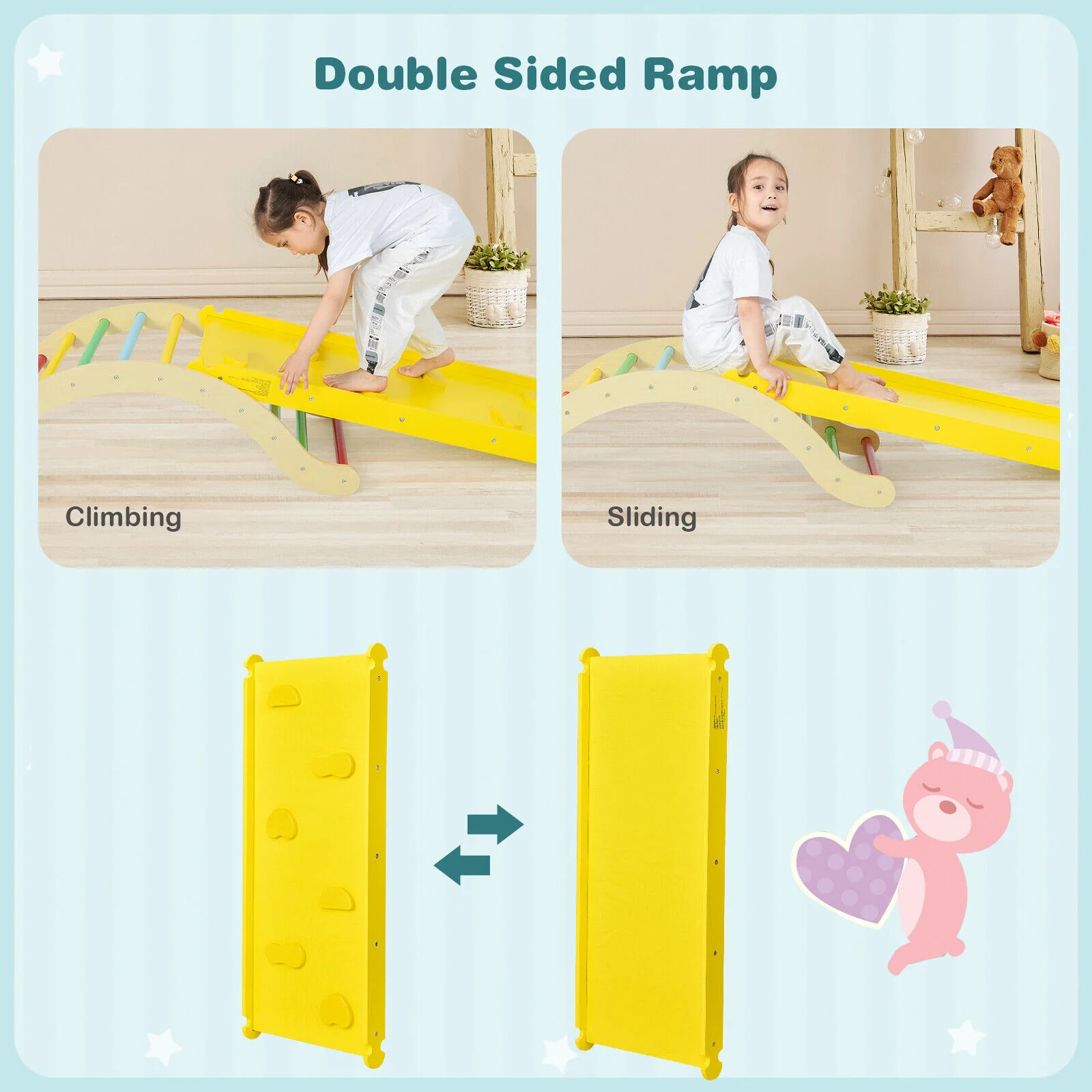 3-in-1 Kids Wooden Arch Triangle Rocker Climber Set with Ramp and Mat - Image 11