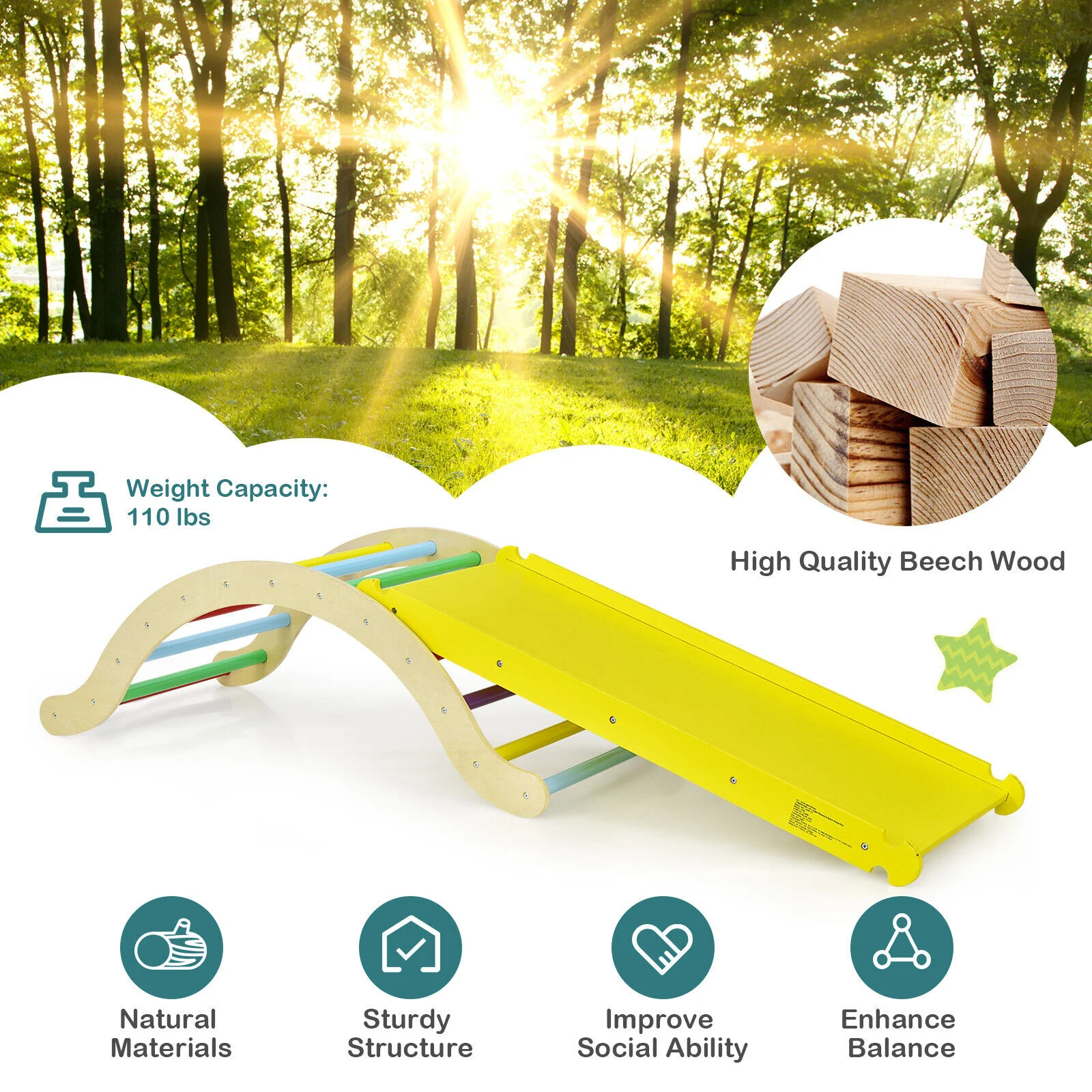 3-in-1 Kids Wooden Arch Triangle Rocker Climber Set with Ramp and Mat - Image 14