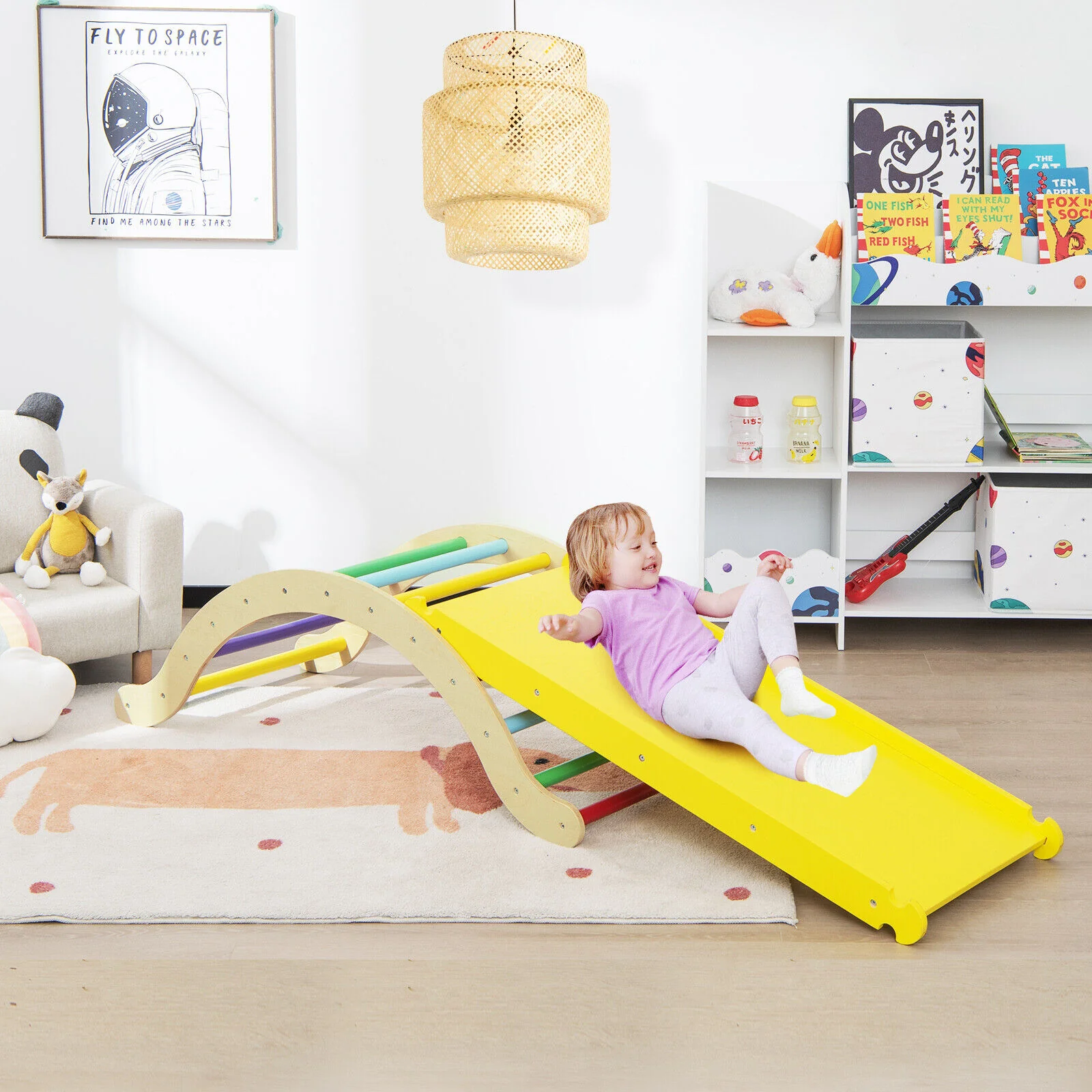 3-in-1 Kids Wooden Arch Triangle Rocker Climber Set with Ramp and Mat - Image 16