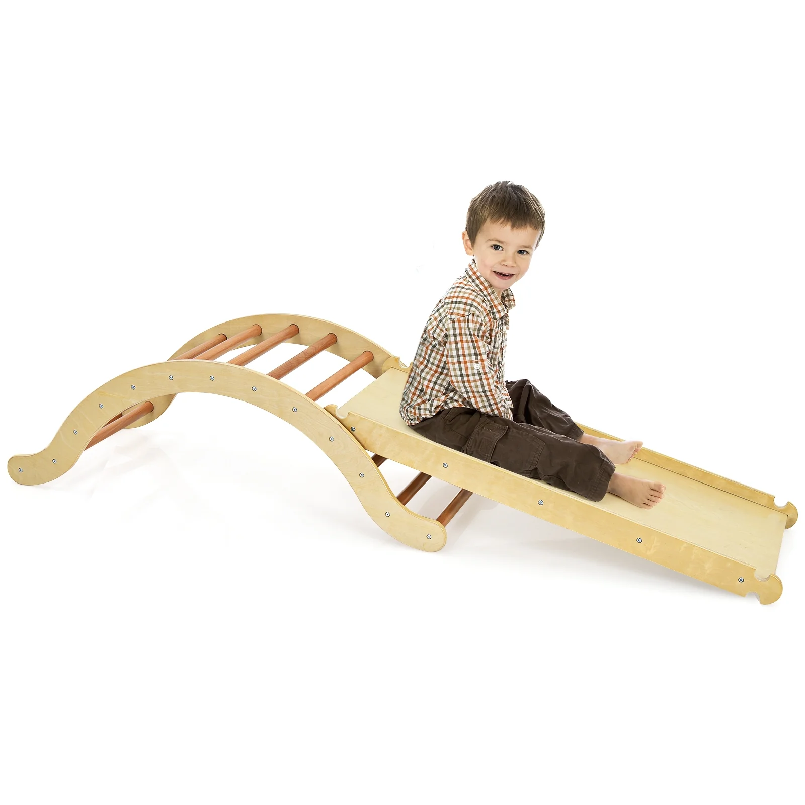 3-in-1 Kids Wooden Arch Triangle Rocker Climber Set with Ramp and Mat - Image 4