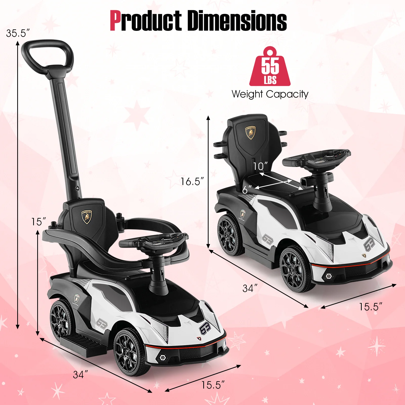 3-in-1 Licensed Lamborghini Ride on Push Car with Handle Guardrail - Image 13
