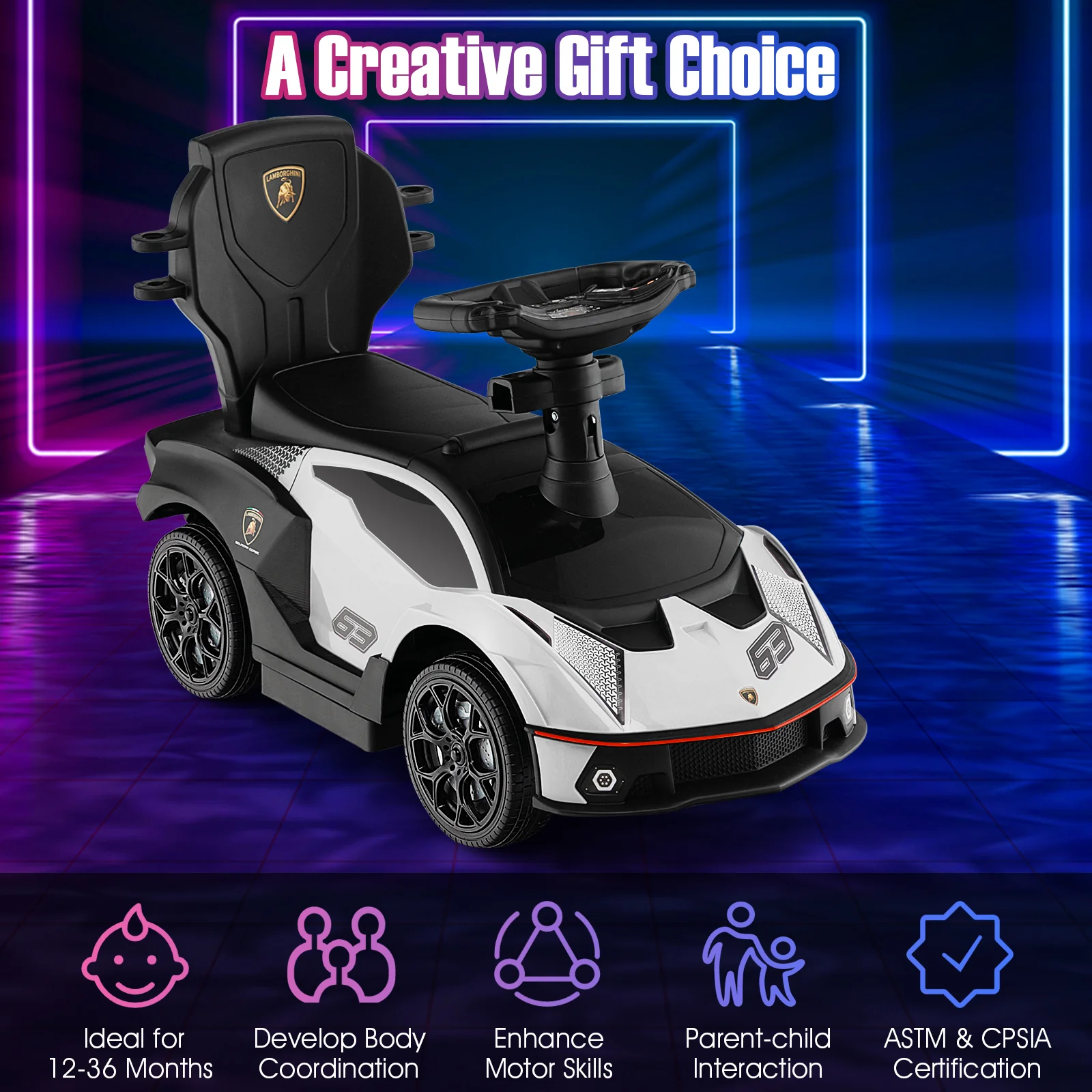 3-in-1 Licensed Lamborghini Ride on Push Car with Handle Guardrail - Image 14