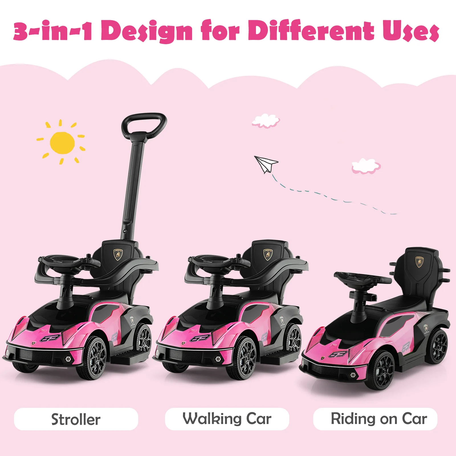 3-in-1 Licensed Lamborghini Ride on Push Car with Handle Guardrail - Image 22