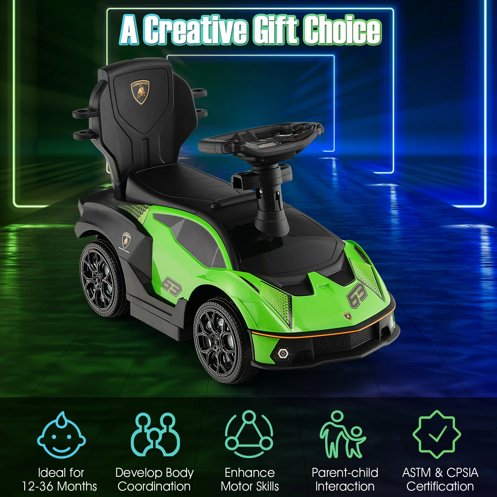3-in-1 Licensed Lamborghini Ride on Push Car with Handle Guardrail - Image 6