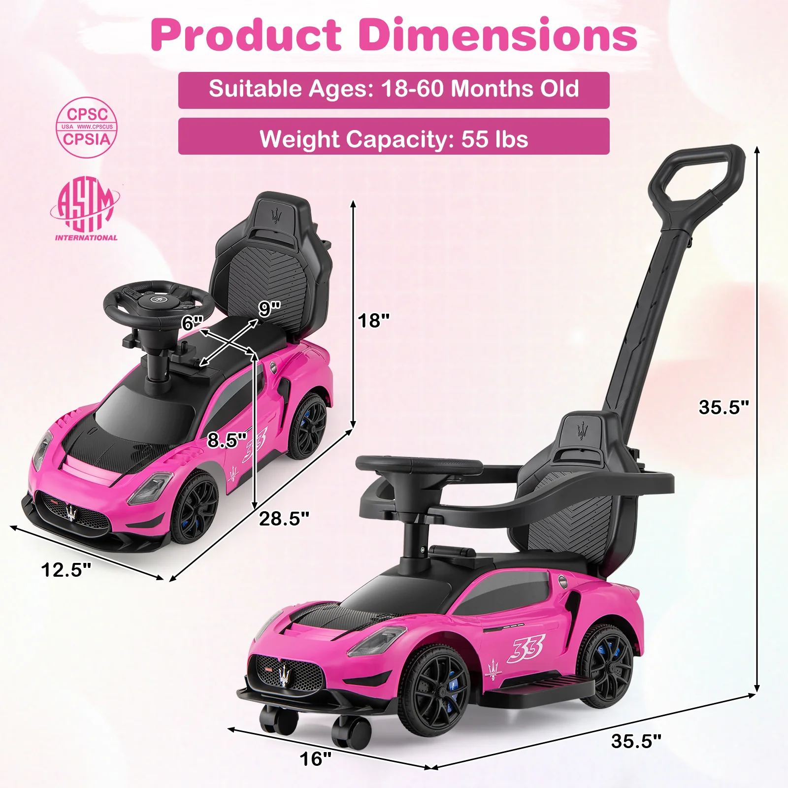 3-in-1 Ride on Push Car Maserati Licensed Sliding Car with Music - Image 5
