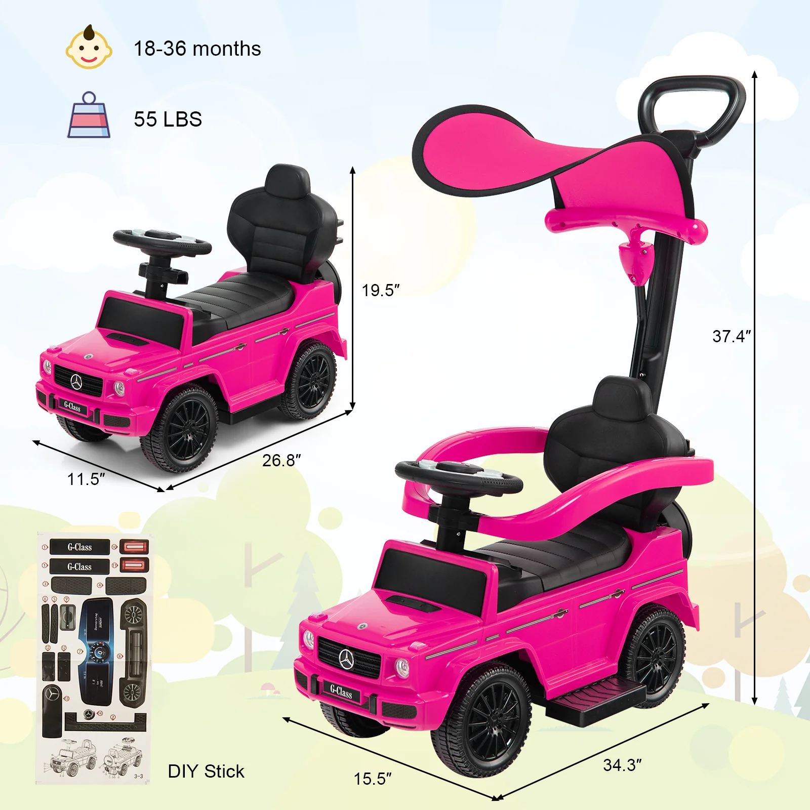 3-In-1 Ride on Push Car Mercedes Benz G350 Stroller Sliding Car with Canopy - Image 12