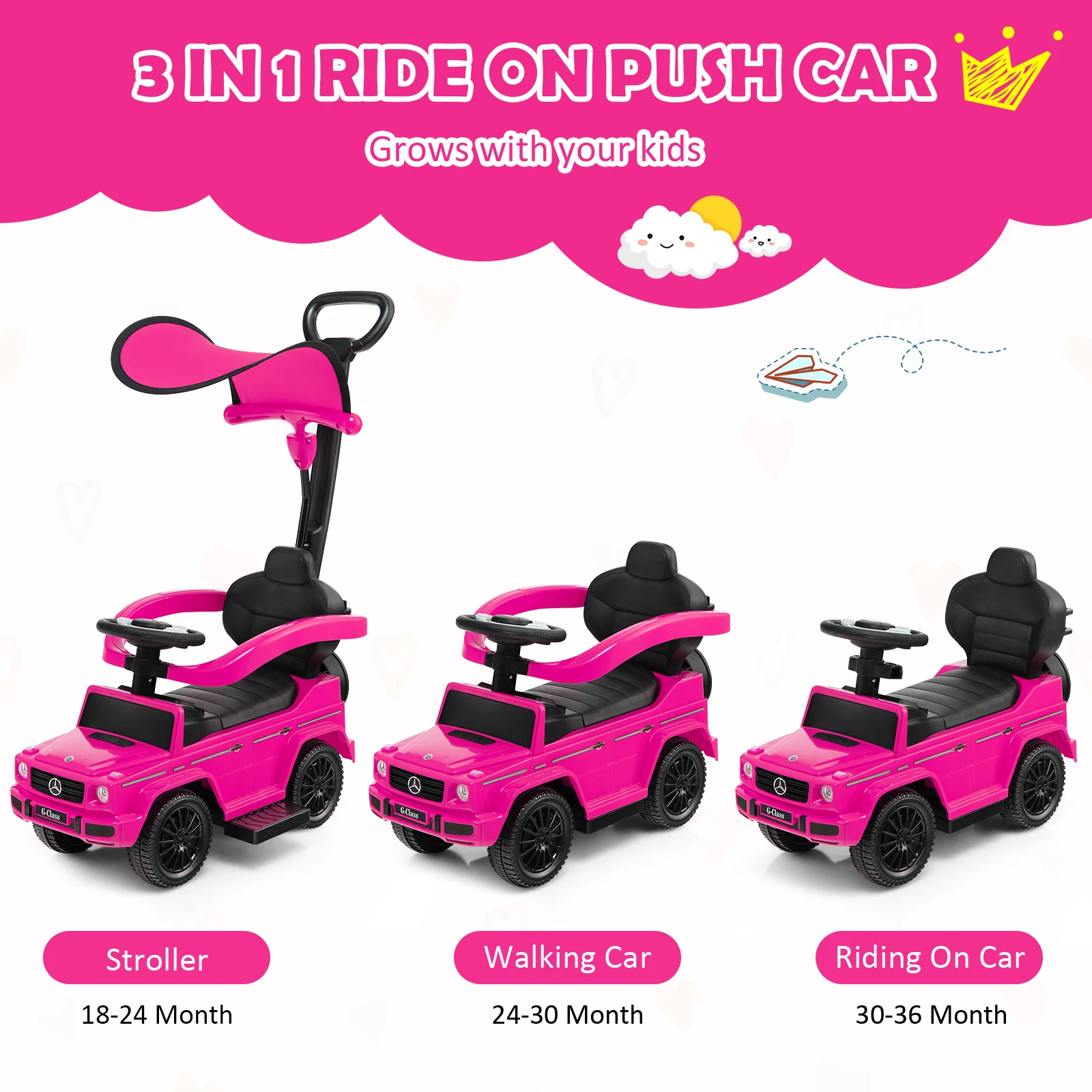 3-In-1 Ride on Push Car Mercedes Benz G350 Stroller Sliding Car with Canopy - Image 13