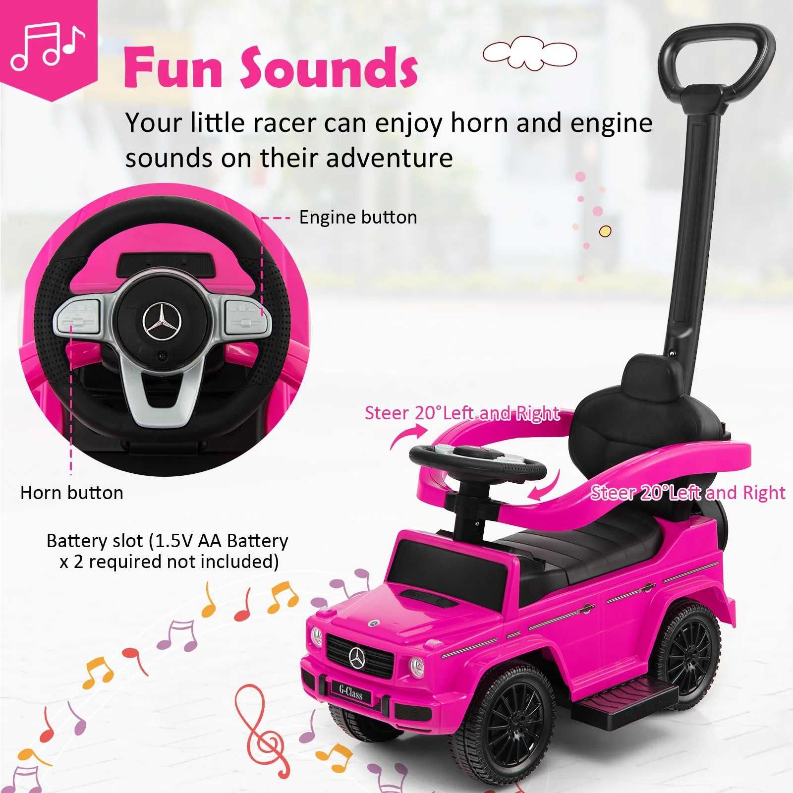 3-In-1 Ride on Push Car Mercedes Benz G350 Stroller Sliding Car with Canopy - Image 14