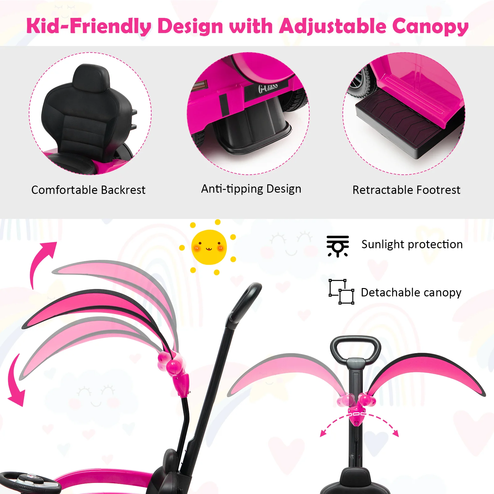 3-In-1 Ride on Push Car Mercedes Benz G350 Stroller Sliding Car with Canopy - Image 15