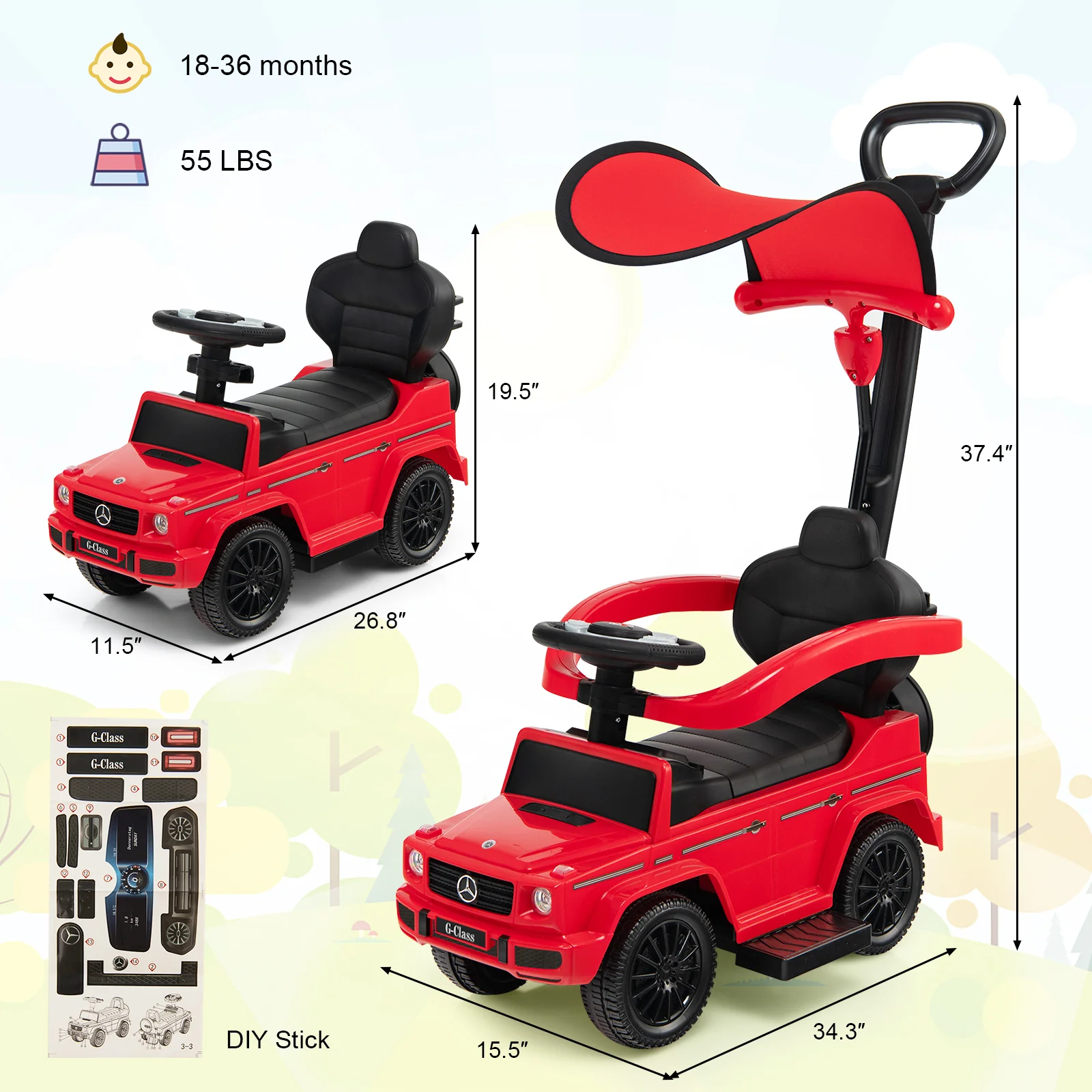 3-In-1 Ride on Push Car Mercedes Benz G350 Stroller Sliding Car with Canopy - Image 20