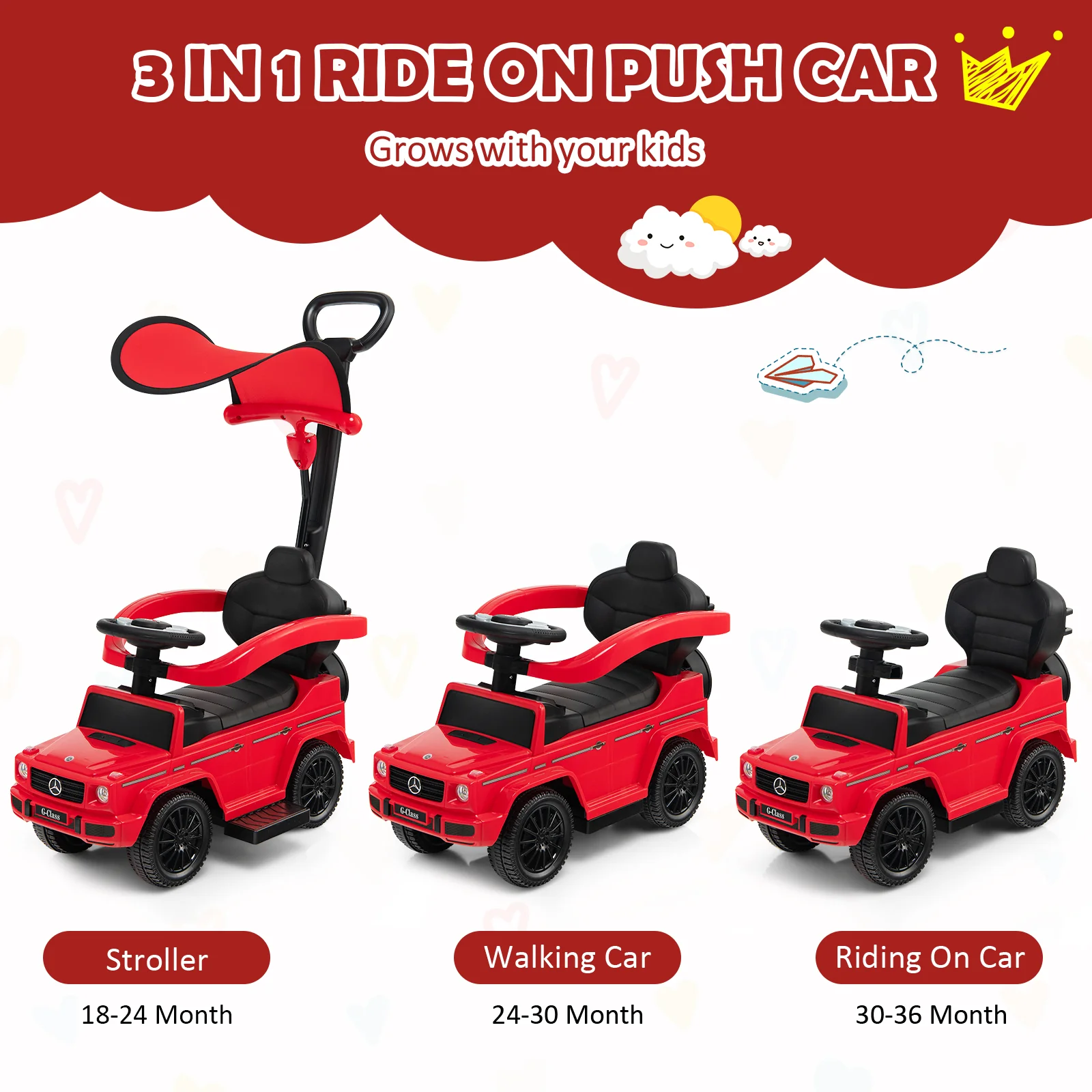 3-In-1 Ride on Push Car Mercedes Benz G350 Stroller Sliding Car with Canopy - Image 22