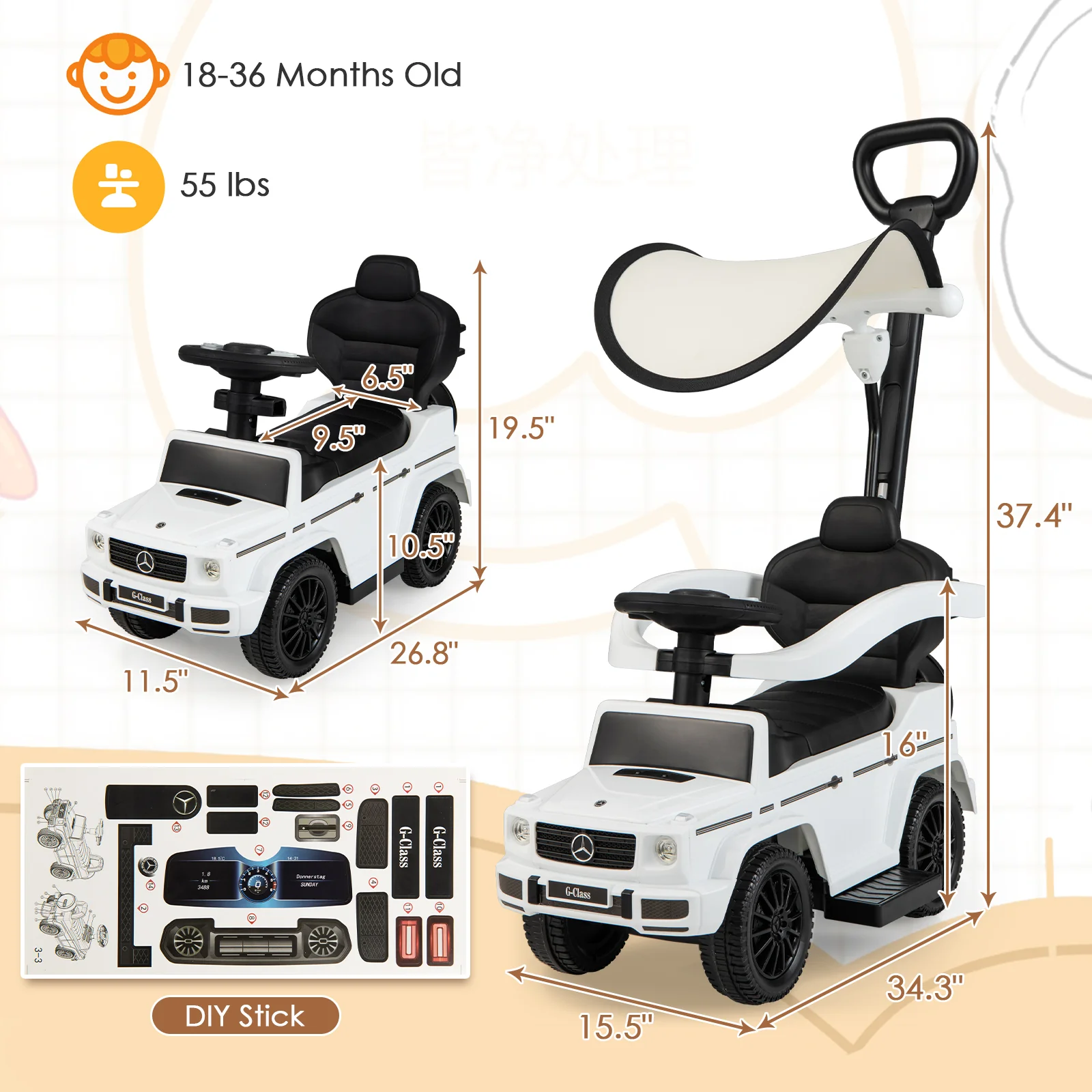 3-In-1 Ride on Push Car Mercedes Benz G350 Stroller Sliding Car with Canopy - Image 29