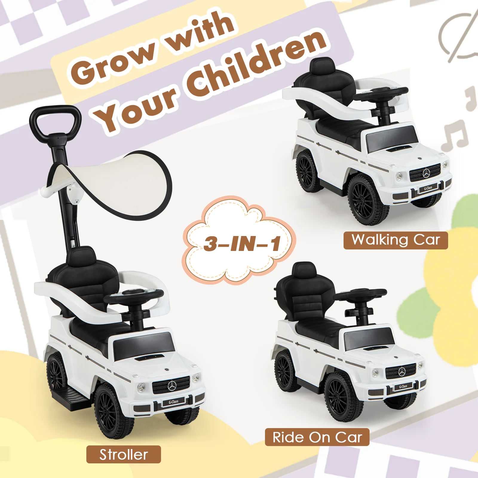 3-In-1 Ride on Push Car Mercedes Benz G350 Stroller Sliding Car with Canopy - Image 30