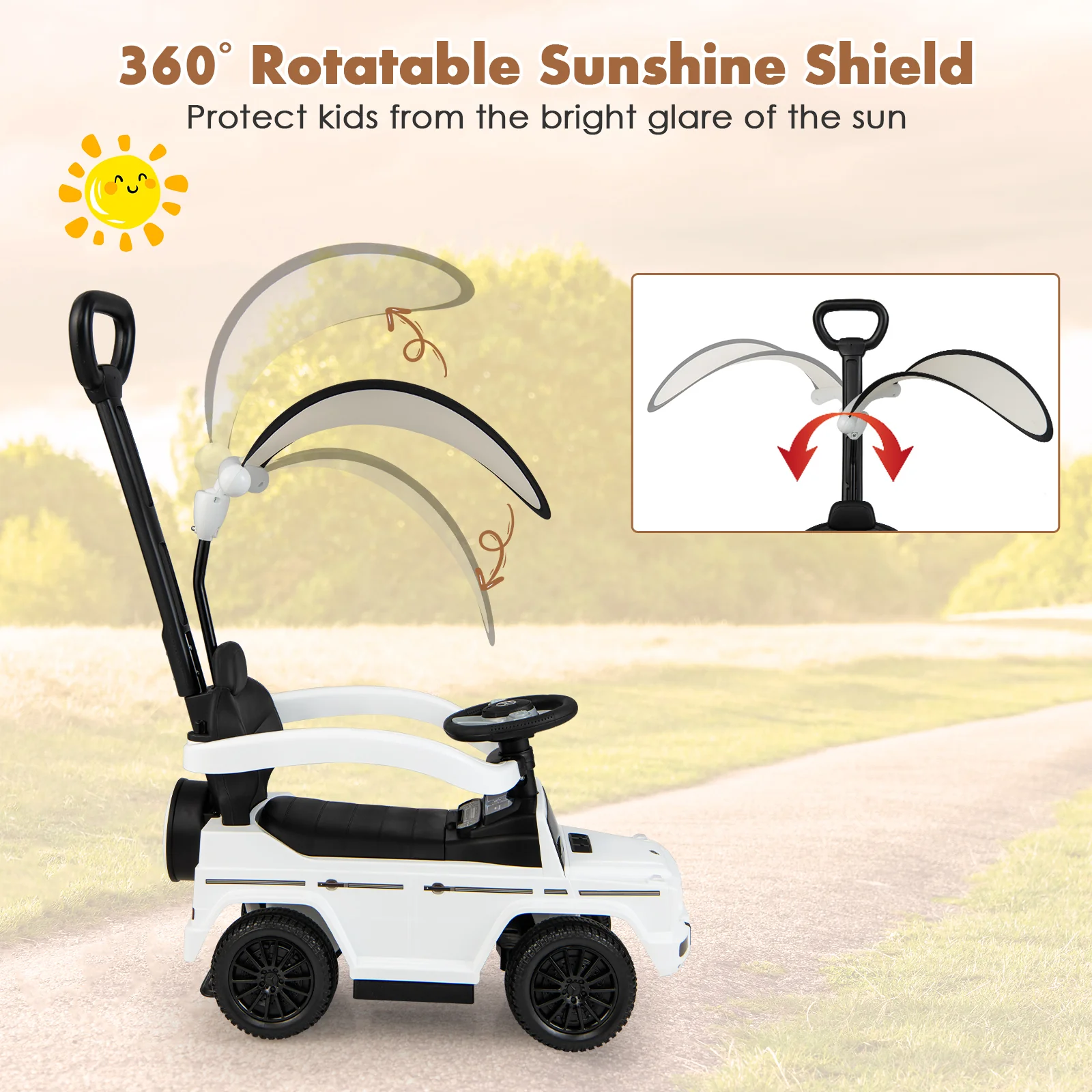 3-In-1 Ride on Push Car Mercedes Benz G350 Stroller Sliding Car with Canopy - Image 32